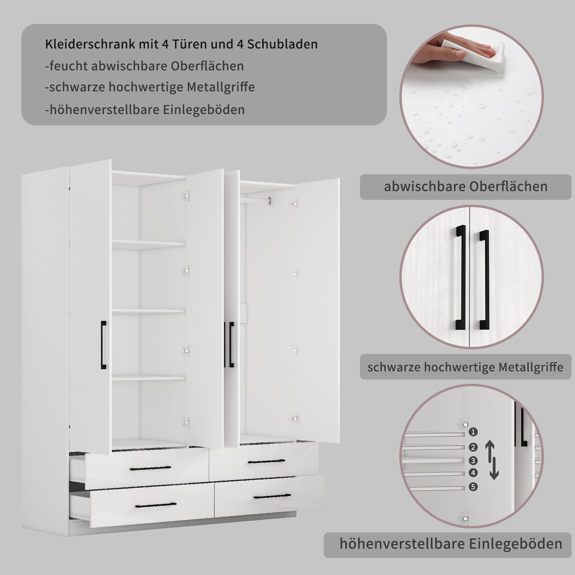 OTTO home Kleiderschrank Sylt Schlafzimmerschrank Garderobe Schrank hochglanz (Drehtürenschrank mit 4 Schubladen und 4 Türen) Schrank in Breite 160 mit viel Stauraum