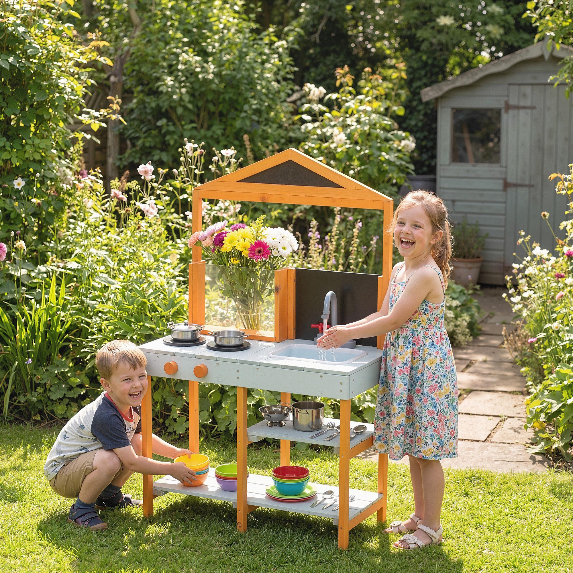 AIYAPLAY Outdoor-Spielküche Matschküche Kinder Outdoor mit Herd Abnehmbarer Spüle Regalen Tannenholz, Edelstahl, für Kinder von 3-8 Jahren, Hellblau
