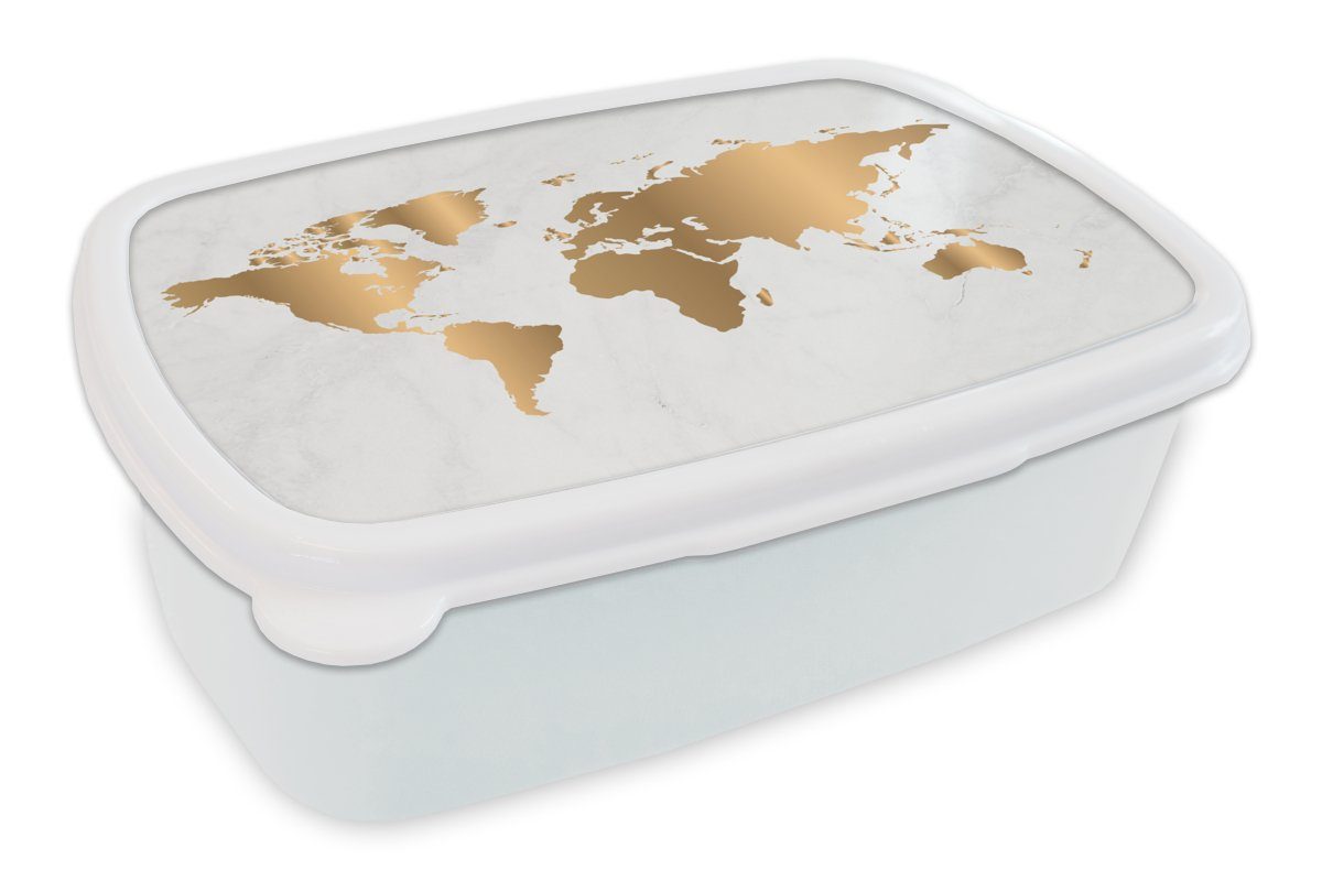 MuchoWow Lunchbox Weltkarte - Gold - Marmoroptik - Luxus - Design, Kunststoff, (2-tlg), Brotbox für Kinder und Erwachsene, Brotdose, für Jungs und Mädchen weiß