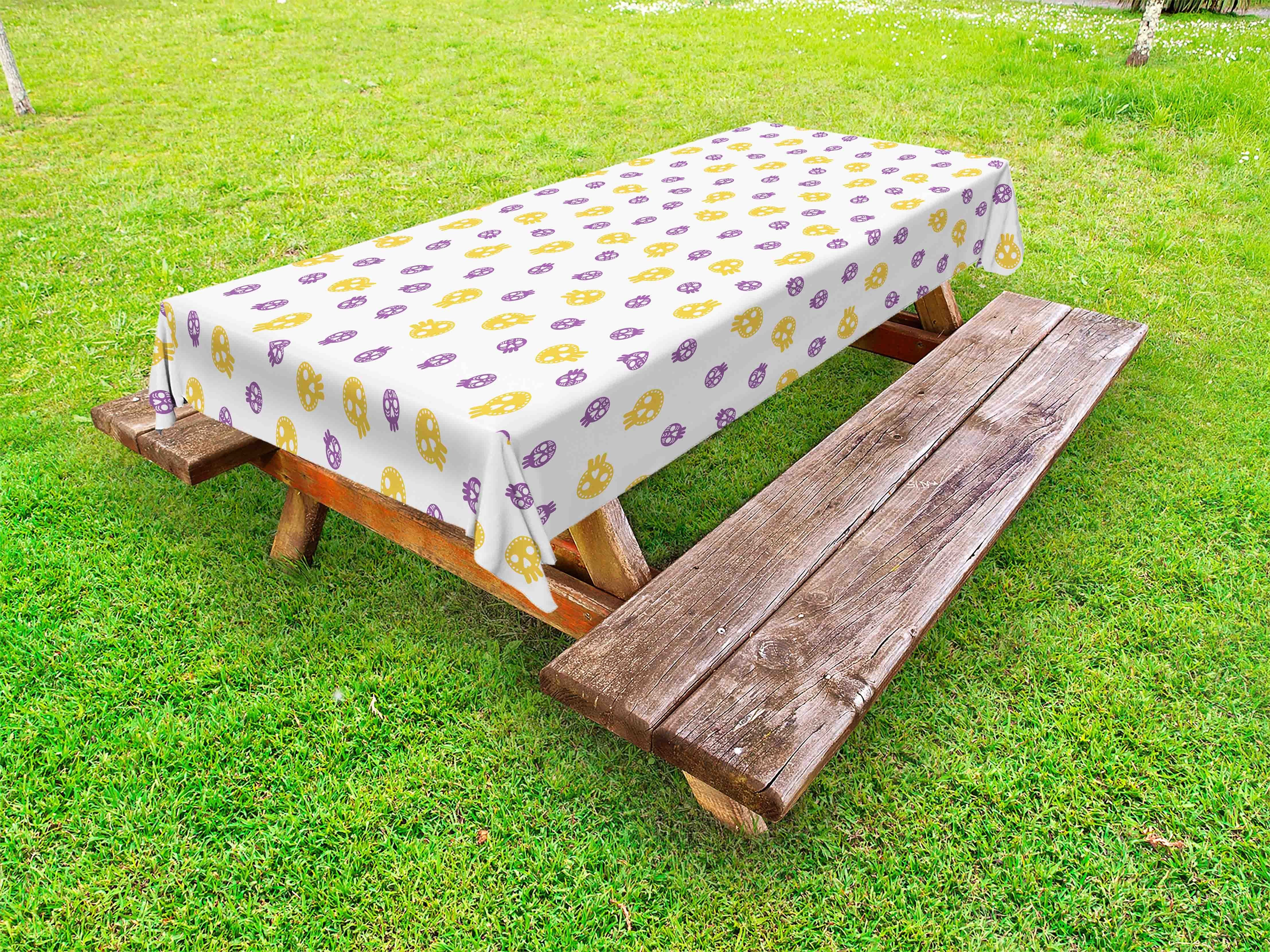 Schädel Picknick-Tischdecke, Silhouetten und Gelb Lila Tischdecke dekorative waschbare Abakuhaus