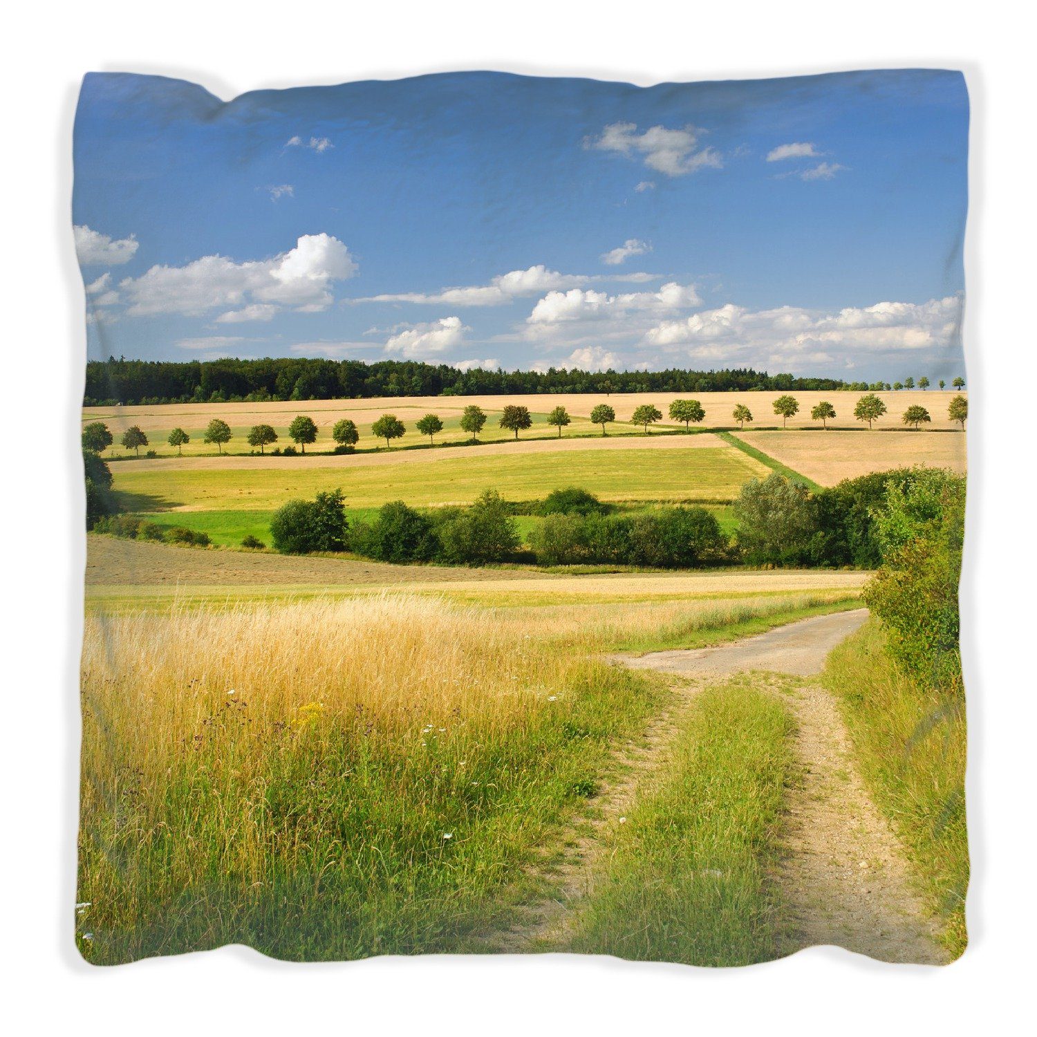 Feldlandschaft blauem handgenäht Dekokissen Himmel, unter Wallario