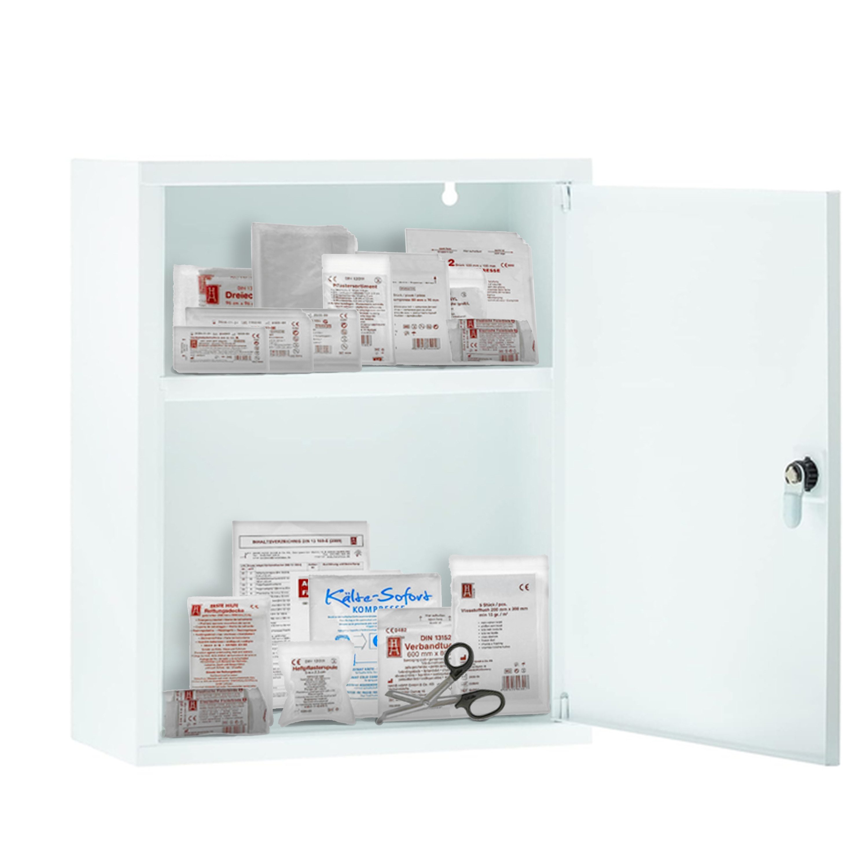 FIRST AID ONLY® Medizinschrank Verbandschrank Weiß mit 2 Fächern mit DIN 13169 Füllung Medizinschrank 37 x 30 x 14 cm