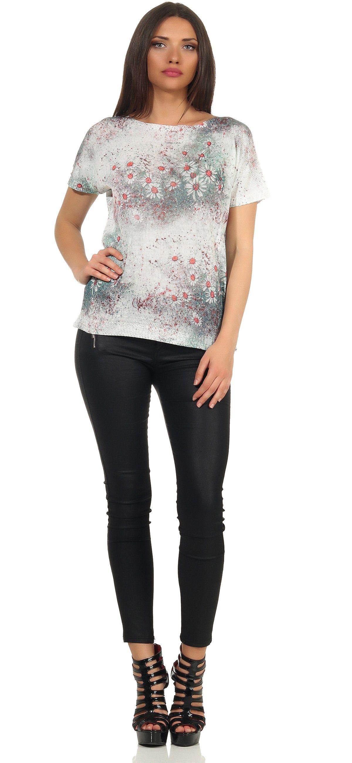 Mississhop Print-Shirt Damen weißes Shirt mit Blumen Tshirt Bluse 320