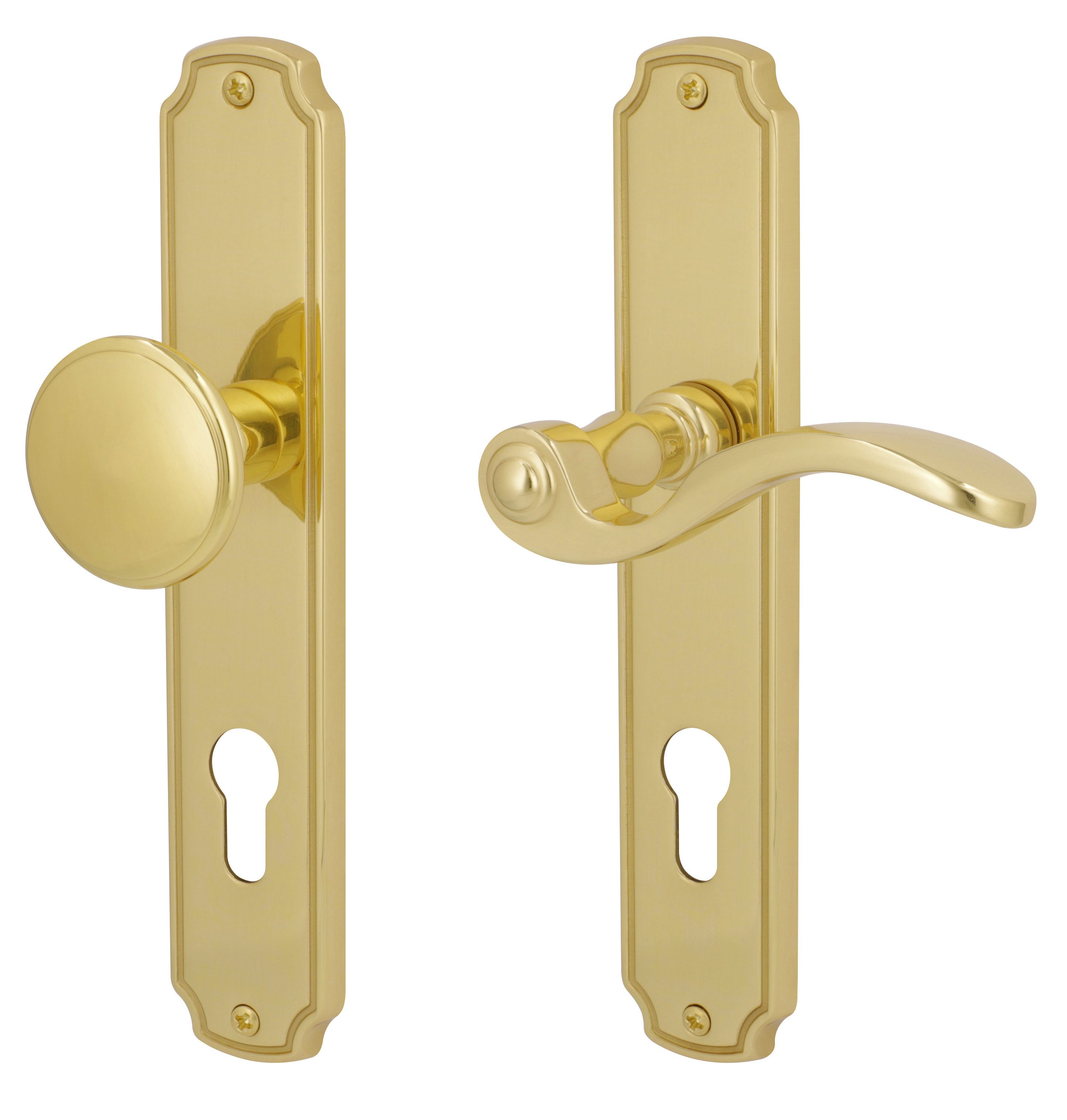 Alpertec Türbeschlag Langschildgarnitur Rebeca für Wohnungseingangstür Knopf / Drücker (1 St), Messing poliert