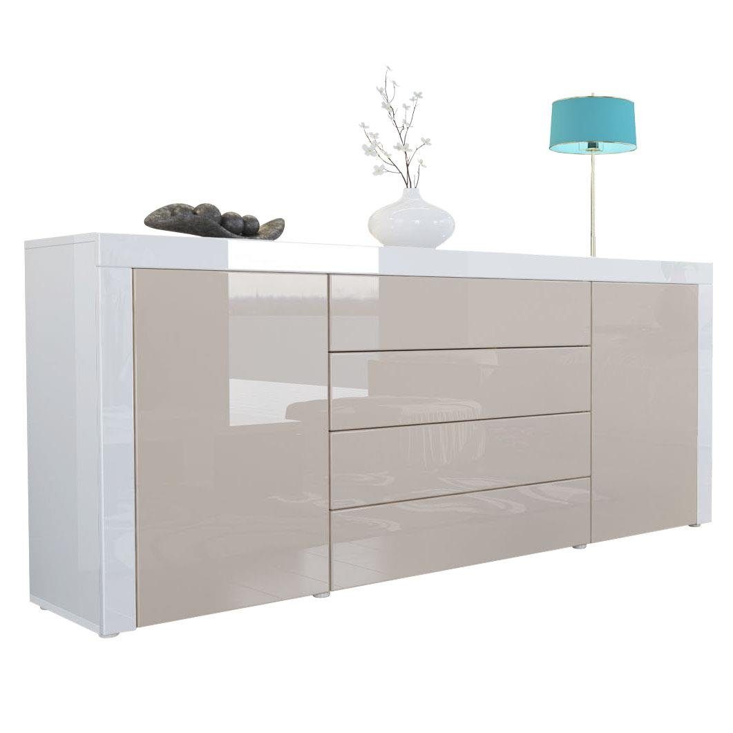 Vladon Sideboard La Paz V1 (Kommode, mit 2 Türen und 4 Schubladen), Sandgrau Hochglanz / Weiß Hochglanz (167 x 72 x 35)