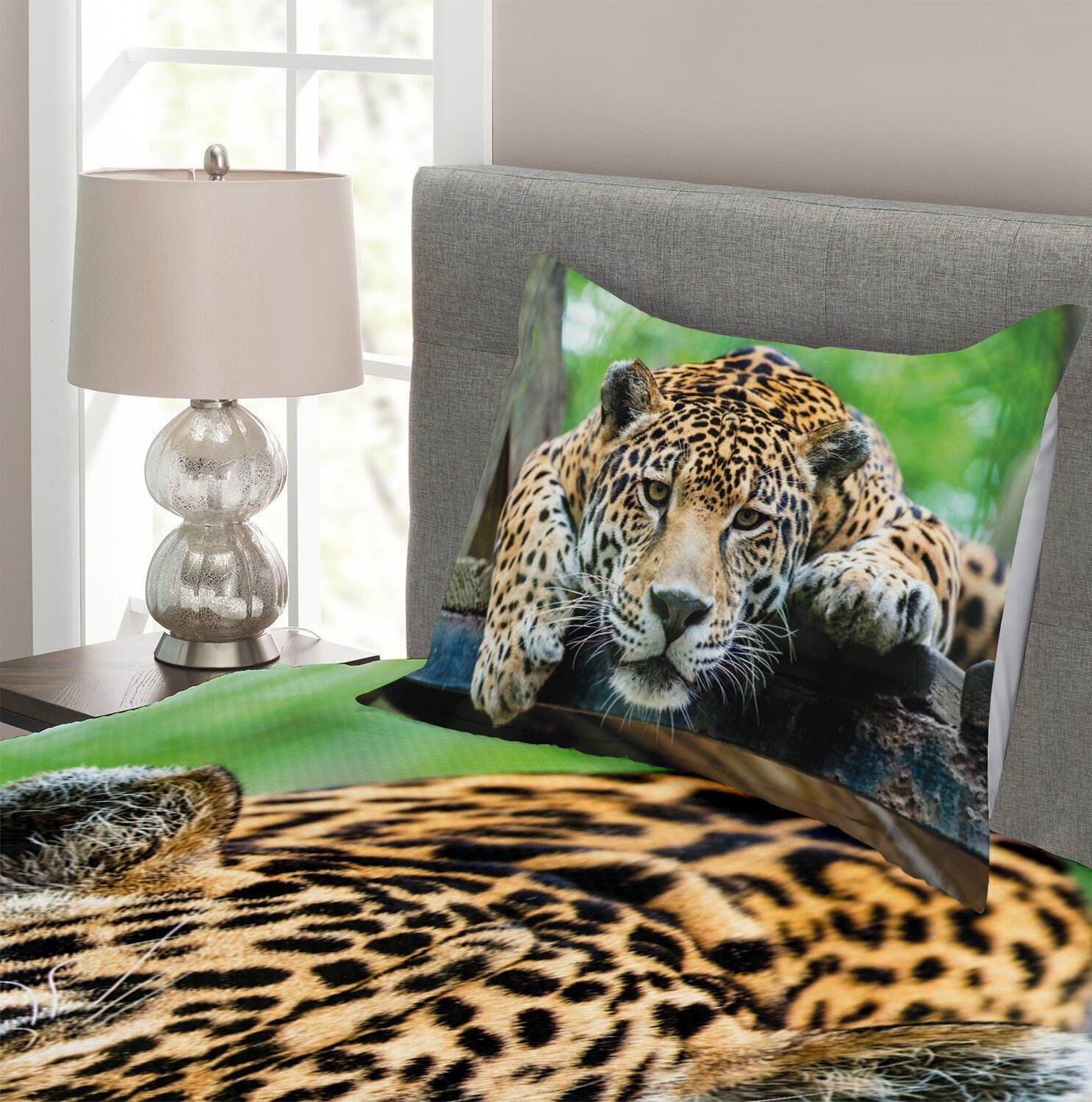Jaguar Tagesdecke Waschbar, Set Feline Jaguar Abakuhaus, mit Kissenbezügen Wildcat