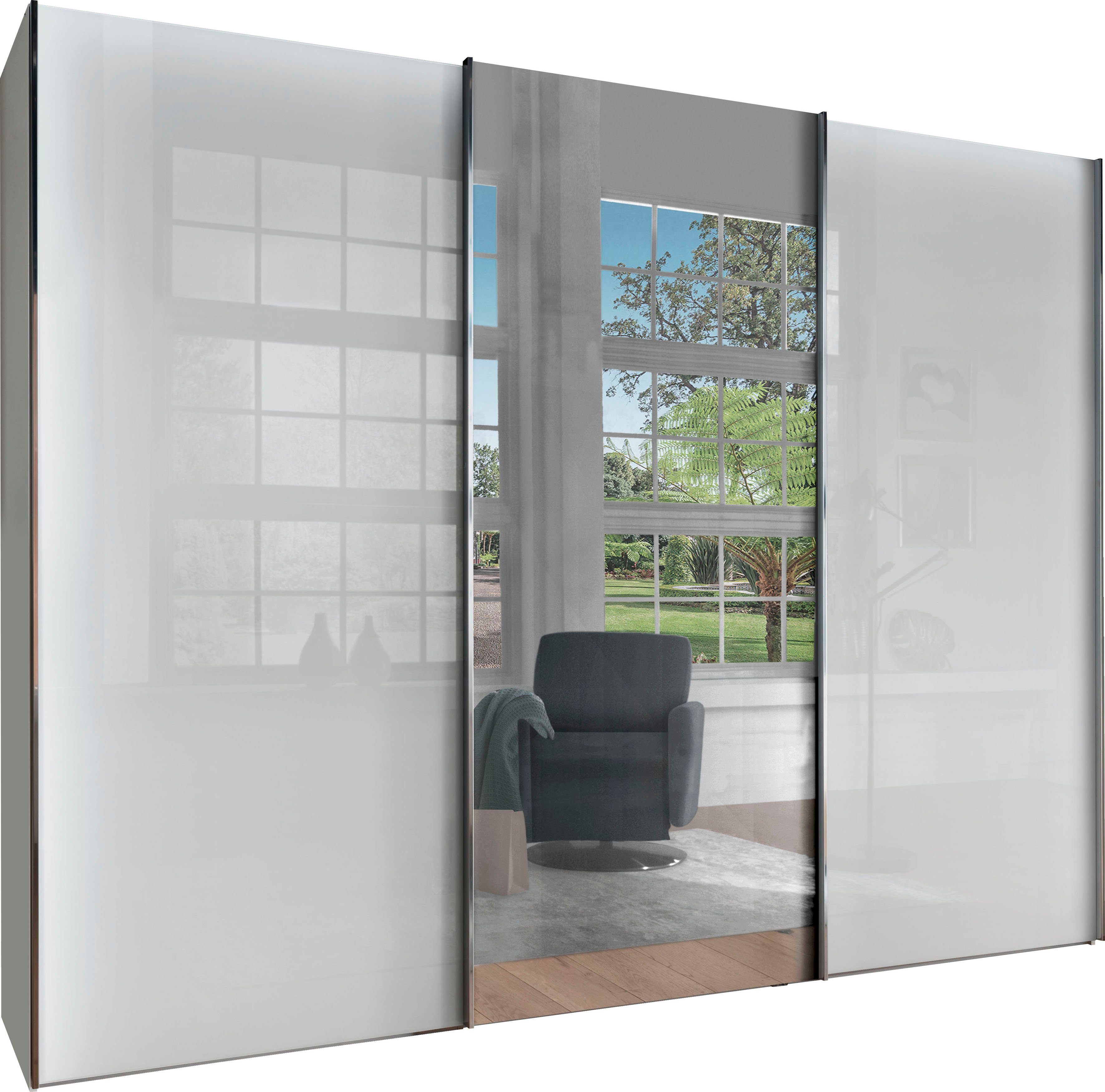 WIEMANN Schwebetürenschrank Monaco, Kleiderschrank, Schrank, Wäscheschrank, mit Schiebetüren (2 Breiten, 2 Höhen 216/236 cm auswählbar, MADE IN GERMANY) hochwertige Glas- und Spiegelfront, variable Inneneinteilung