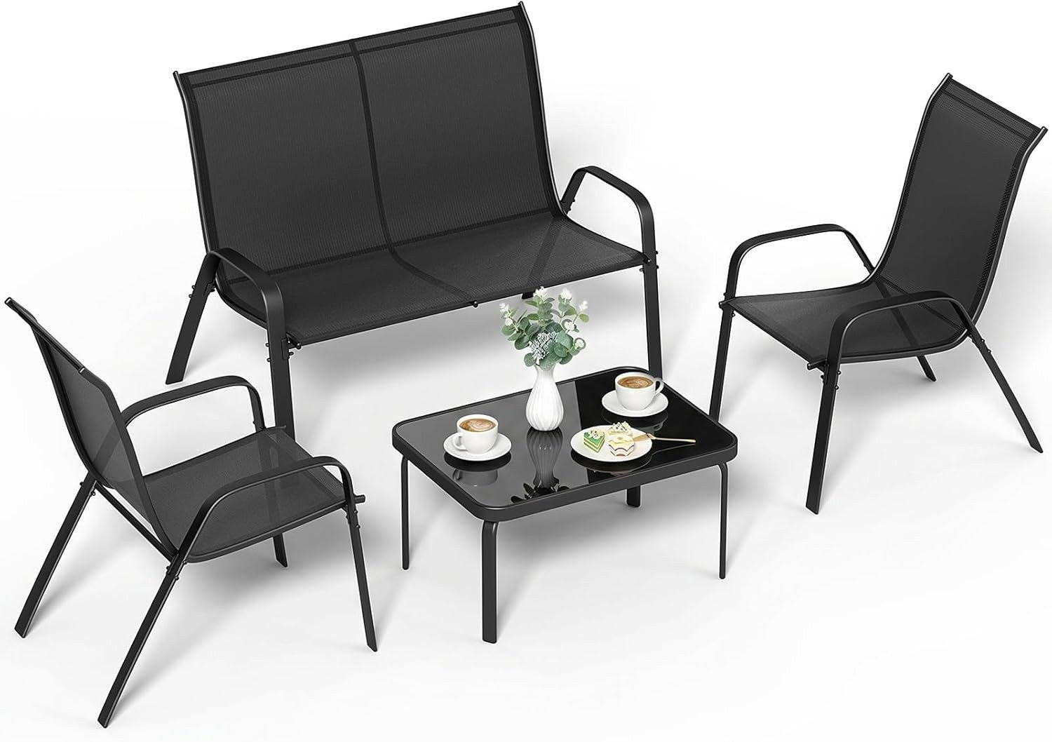 TLGREEN Gartenlounge-Set 4-teiliges Gartenmöbel Set, (Wetterfeste Sitzgruppe mit 1 Gartenbank, 2 Stühlen & 1 Glastisch, Textilene Outdoor Lounge), Modern Balkonmöbel für Kleiner Balkon Terrasse Garten