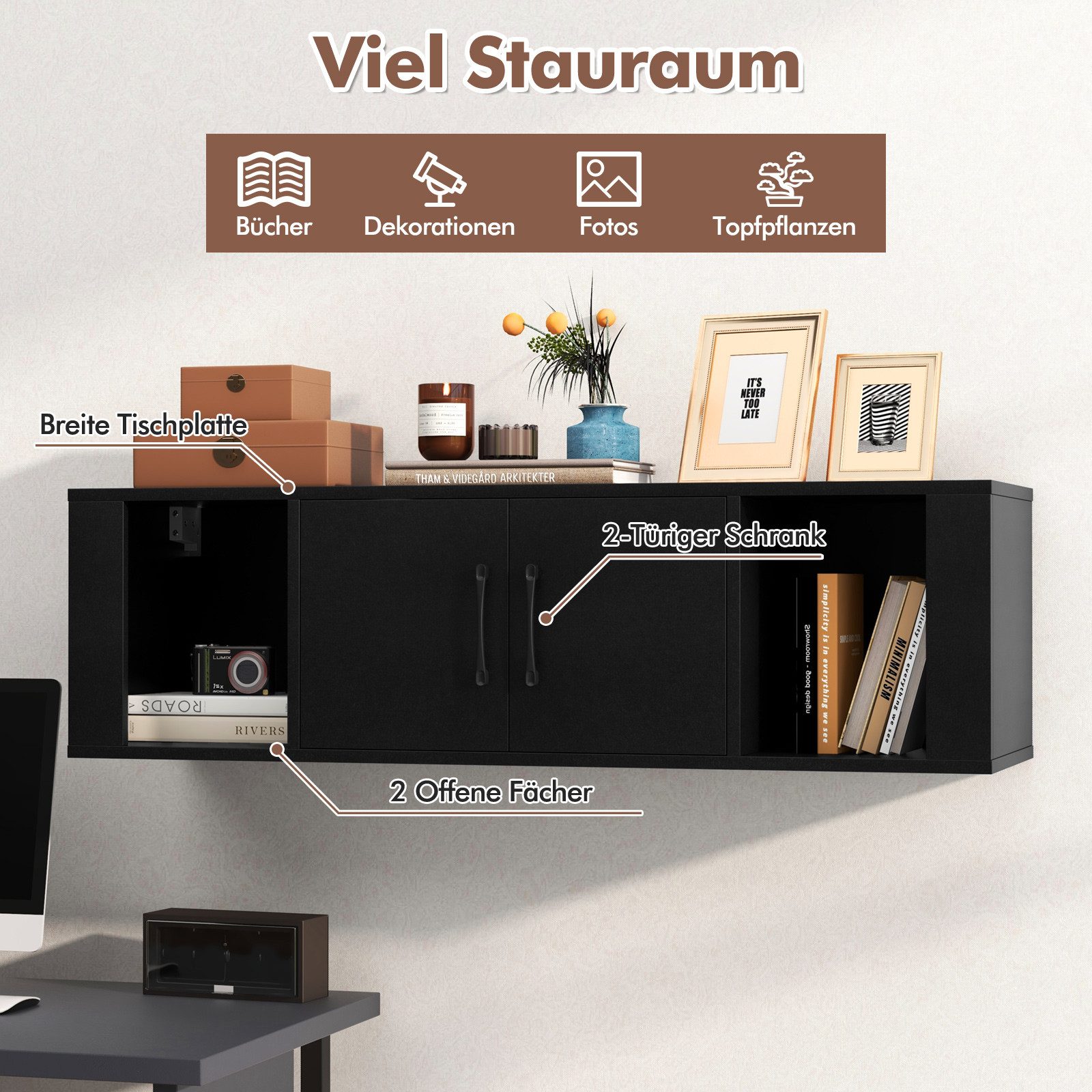 COSTWAY Hängeschrank mit 4 Fächern & 2 Türen Lowboard für Fernseher, 108cm