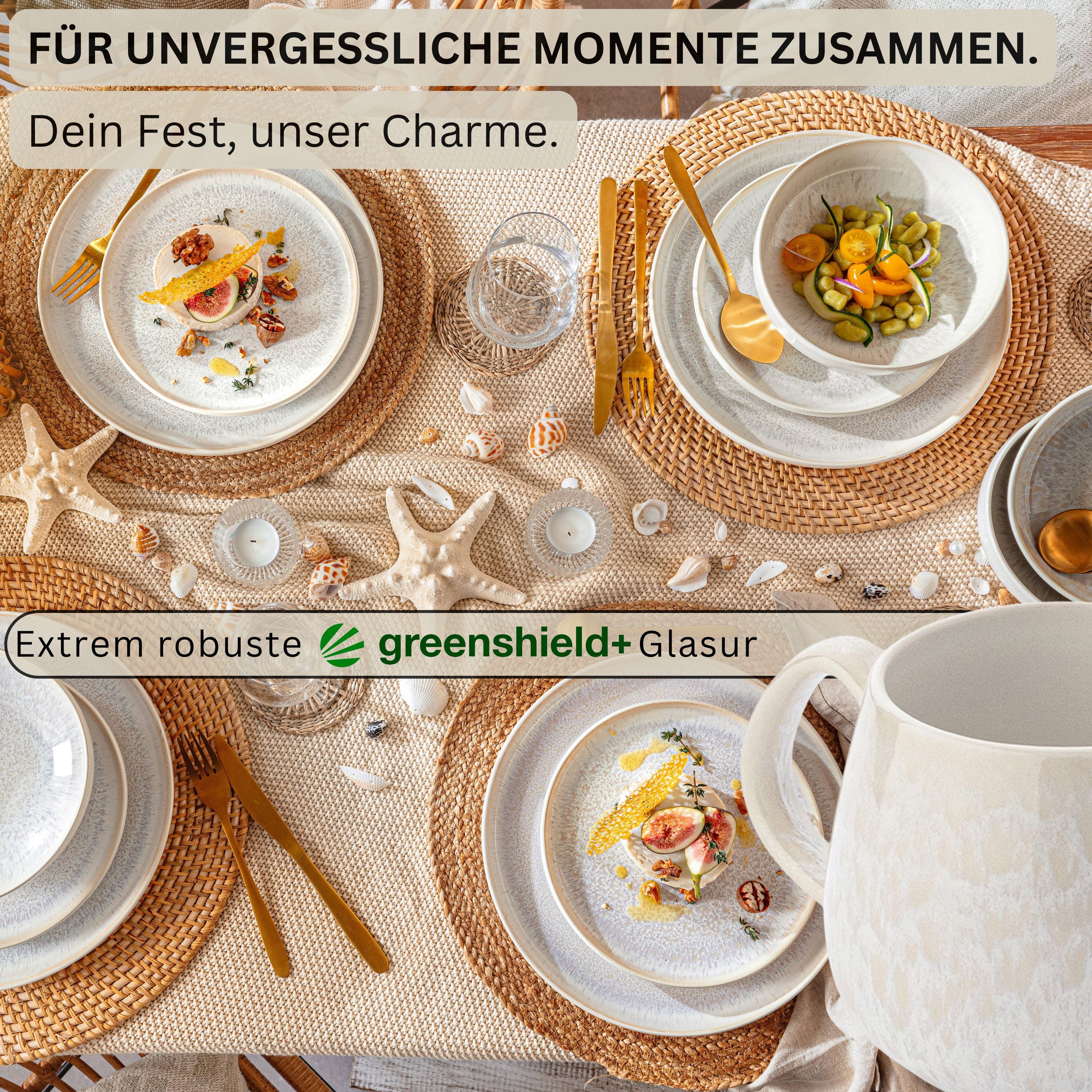 SÄNGER Tafelservice Korfu Geschirrset (12, 16, 24, 36 Teile) (8-tlg), 4 Personen, Steingut, Frühstücks Set, Creme, Handmade, Premium Collection