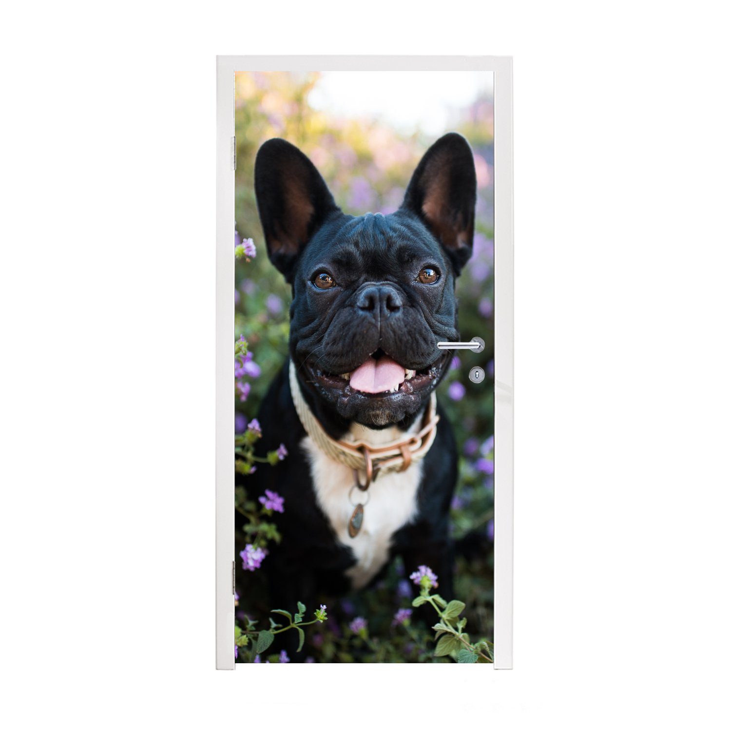 MuchoWow Türtapete Französische Bulldogge - Blumen - Lila, Matt, bedruckt, (1 St), Fototapete für Tür, Türaufkleber, 75x205 cm