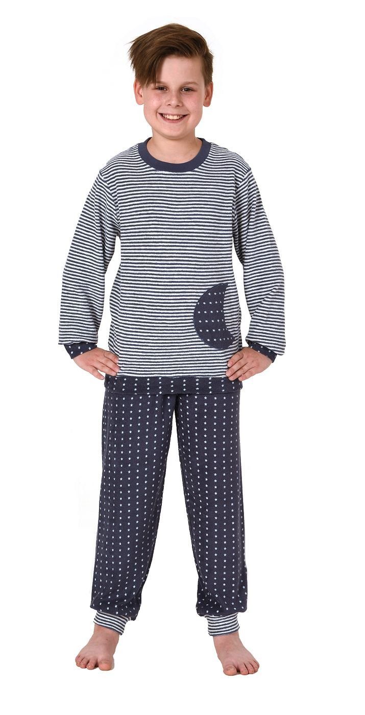 Normann Pyjama Mädchen Frottee Pyjama mit Bündchen, warmer Schlafanzug in Ringeloptik Ringelmarine