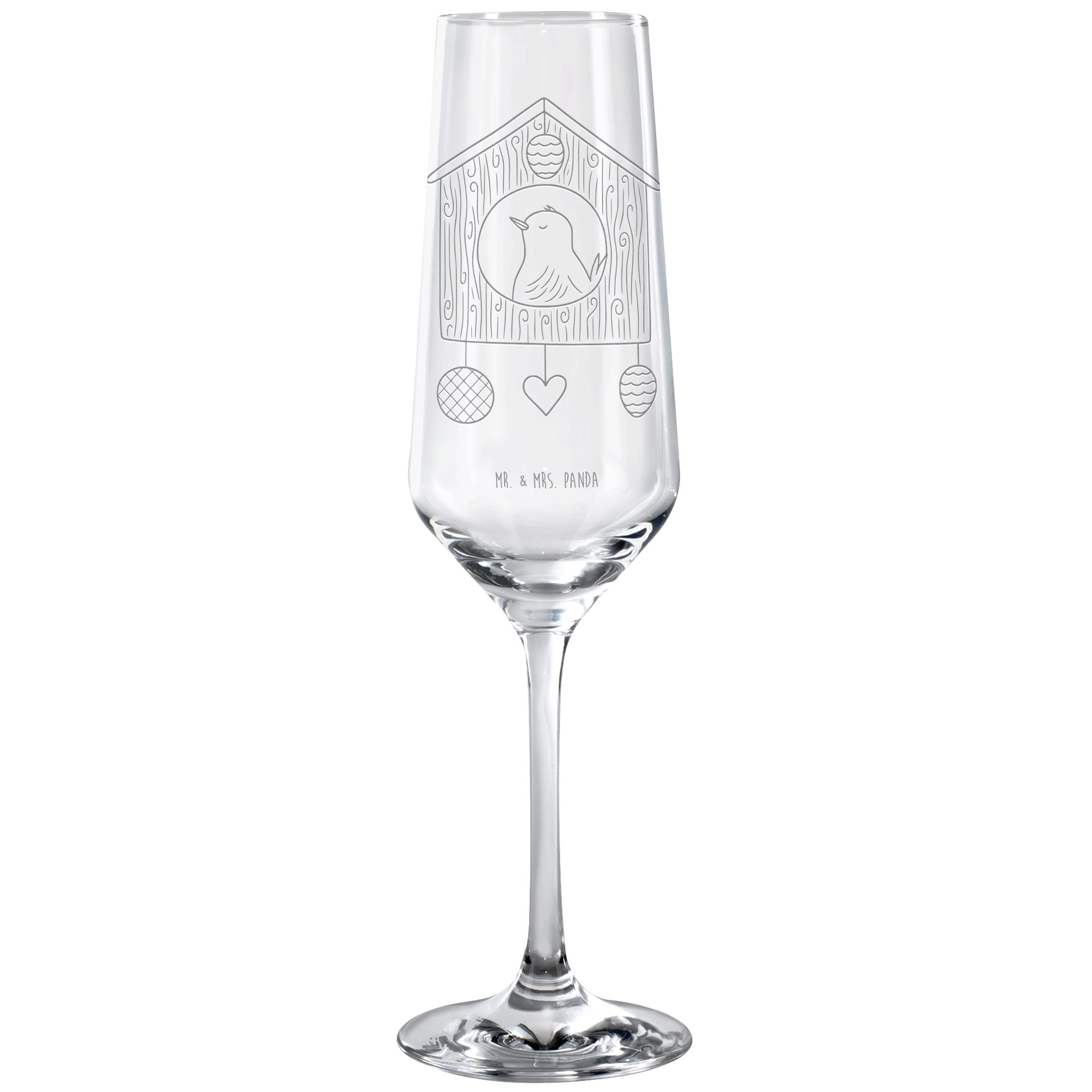 Mr. & Mrs. Panda Sektglas Vogel Haus, Sektflöte, Transparent, Champagnerglas, Wohnung, Trinkgla, Premium Glas, Vögel Trinkglas Vogelhaus