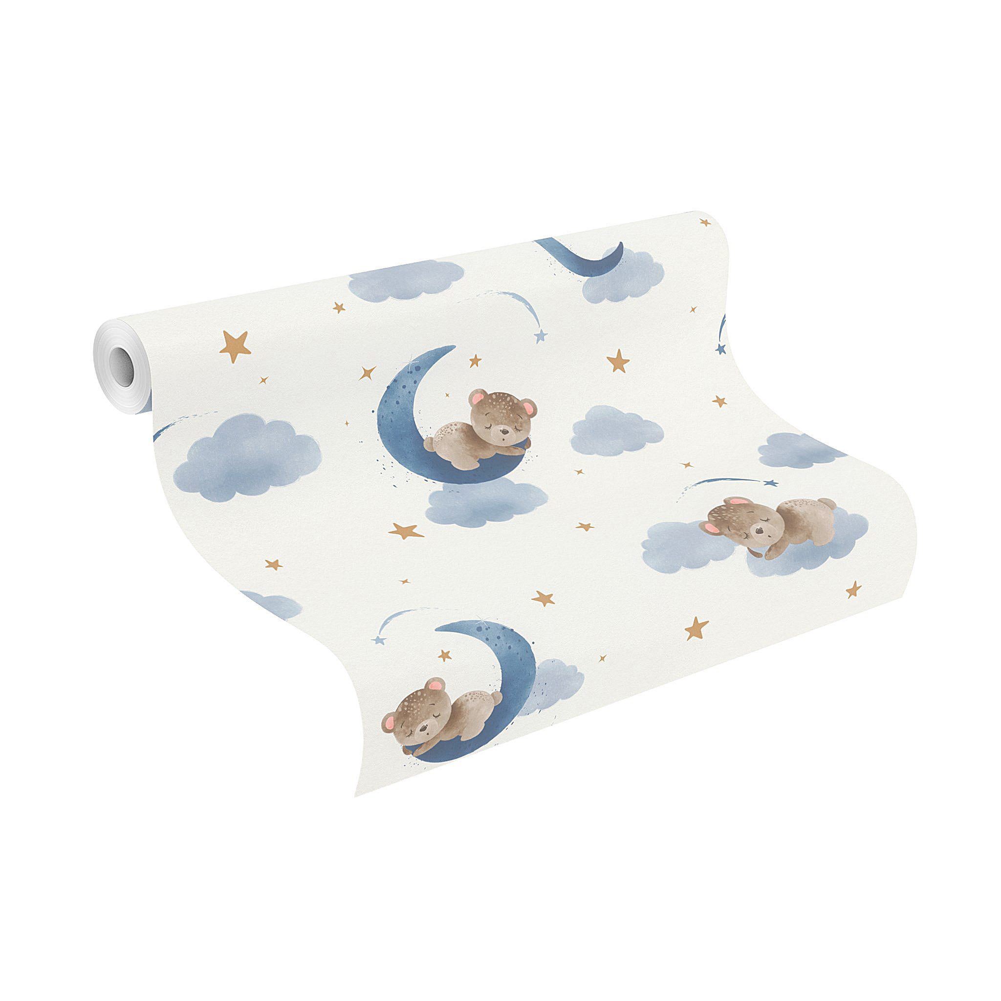 Rasch Vliestapete 321005 - Kinderzimmer-Tapete mit kleinen, schlafenden Bären, strukturiert, gemustert, (1 Rolle, 1 St), Himmel
