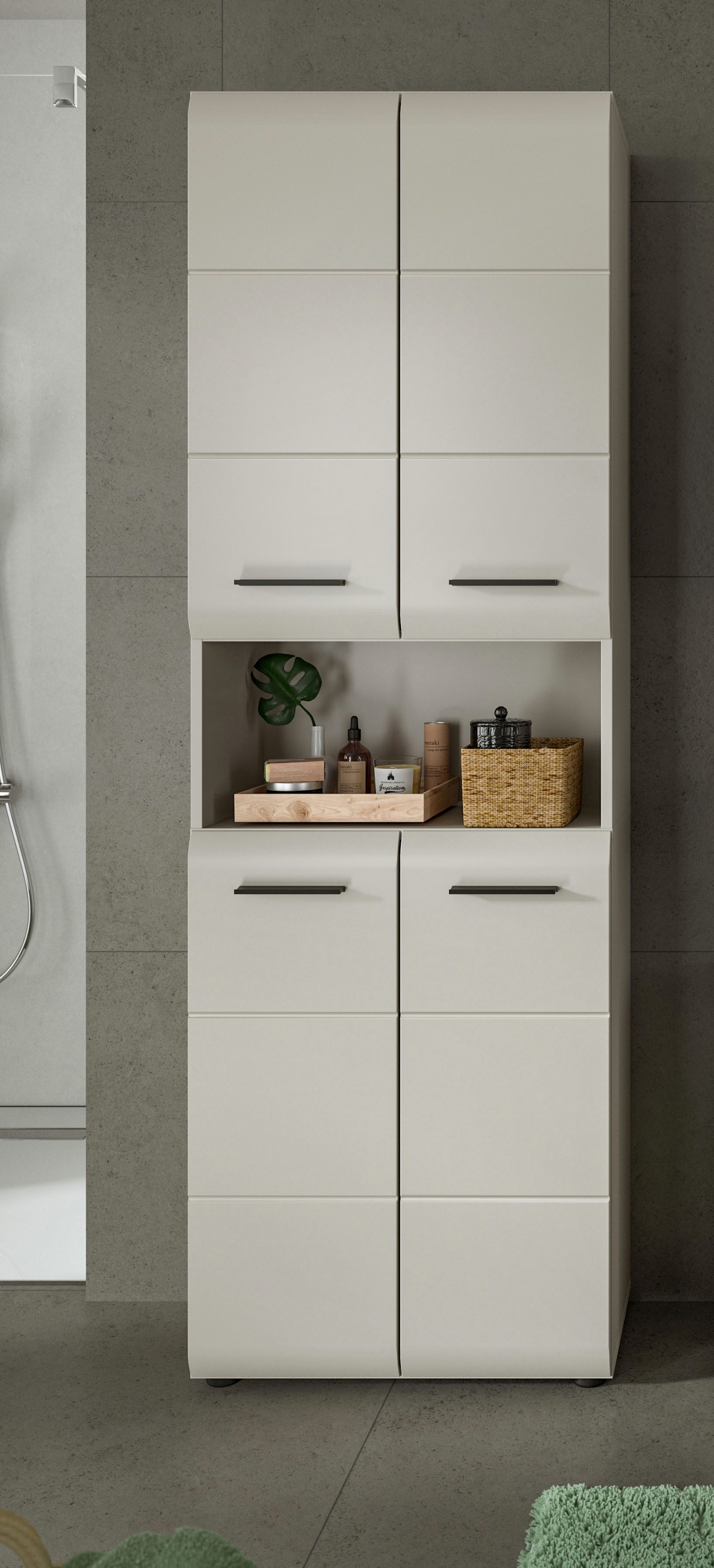 welltime Stauraumschrank FLORENZ, Höhe 185 cm, 4 oder 6 Türen, viel Stauraum (1-St., TOPSELLER) hochwertige MDF Front, Griff schwarz, Badschrank, Bad