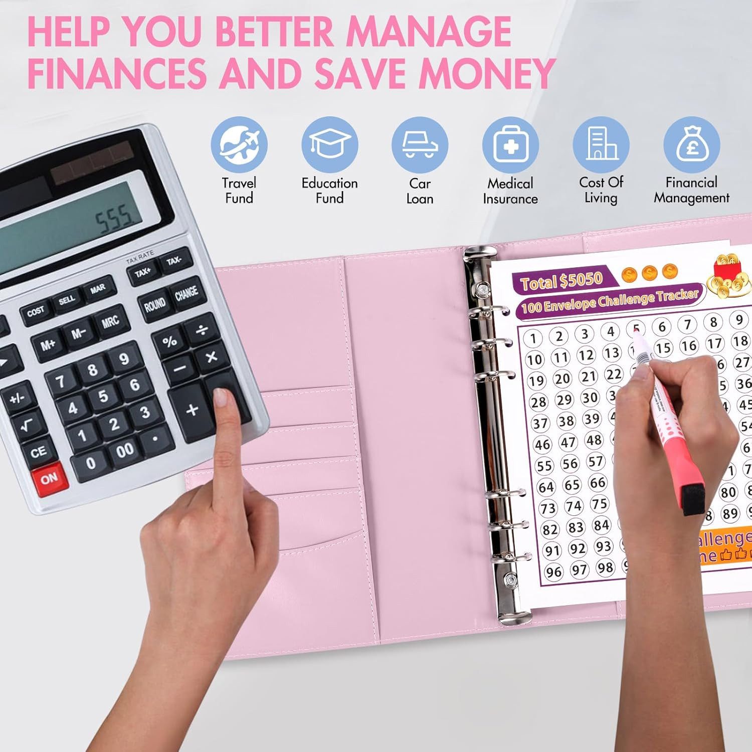 FELIXLEO Konferenzmappe A5 Sparbuch für Geld Challenge, 100 Umschläge Sparen Budgetplaner