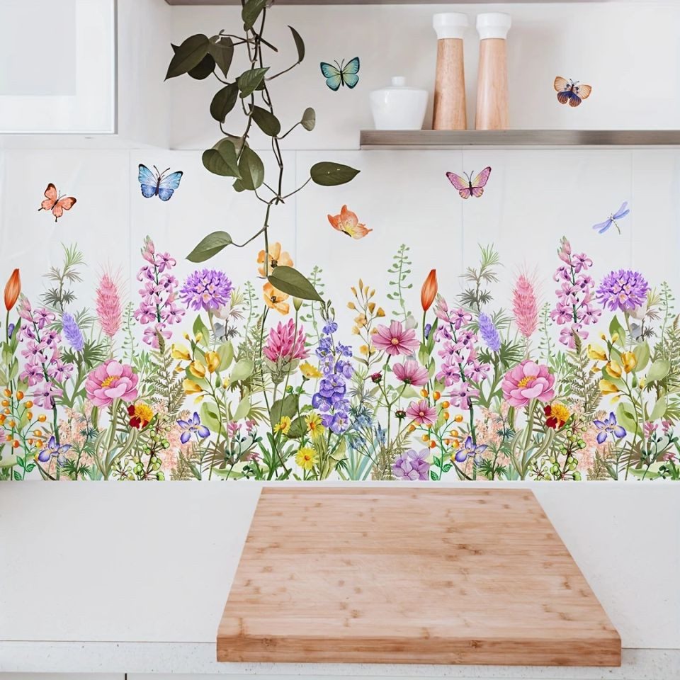 Montegoni Wandsticker Bunte Wandsticker Blumen & Schmetterlinge – Selbstklebend & Abnehmbar (Einzelstück, 1 Wandsticker), Selbstklebend & Abnehmbar, Farbintensive Wandkunst, Matte Oberfläche