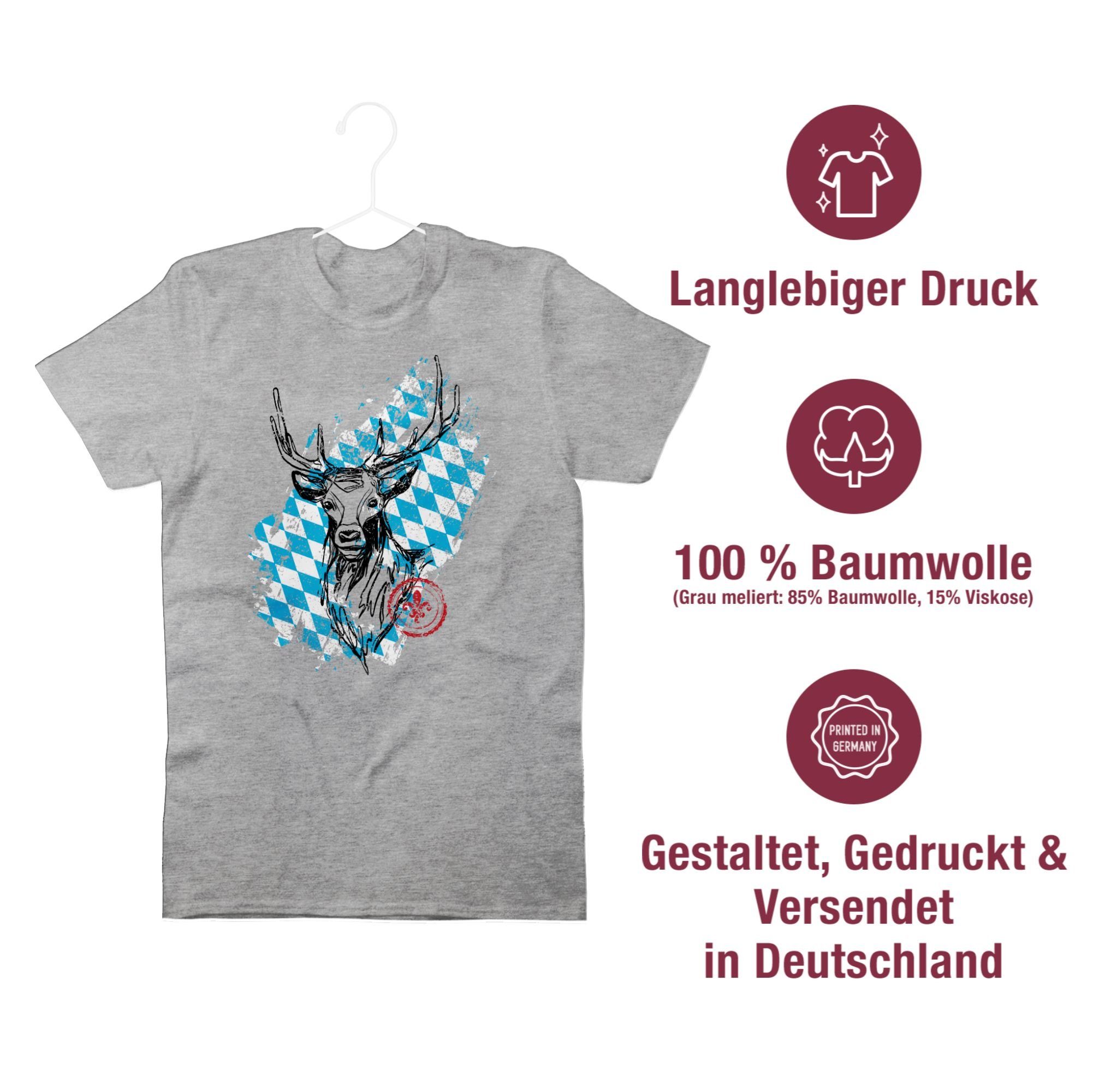 Shirtracer 2 Oktoberfest Mode Grau Hirsch Wappen mit für T-Shirt meliert bayrischem Herren