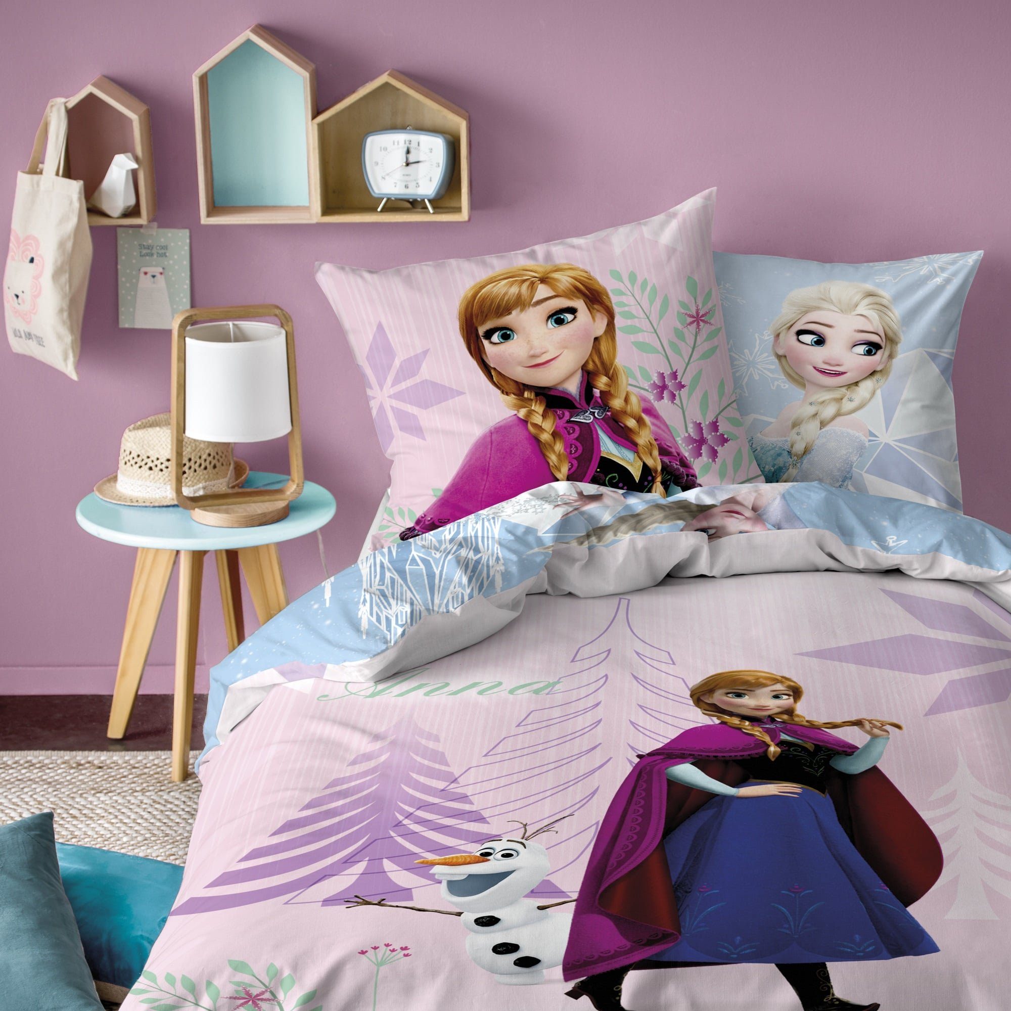 Kinderbettwäsche Set Disney Frozen Die Eiskönigin 135x200 + 80x80 cm aus 100% Baumwolle, Familando, Renforcé, 2 teilig, "Diamonds" mit Anna, Elsa und Olaf