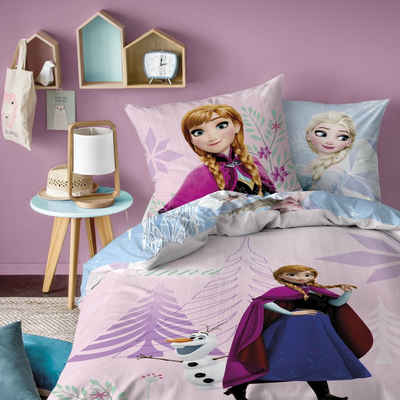 Kinderbettwäsche Set Disney Frozen Die Eiskönigin 135x200 + 80x80 cm aus 100% Baumwolle, Familando, Biber, 2 teilig, "Diamonds" mit Anna, Elsa und Olaf