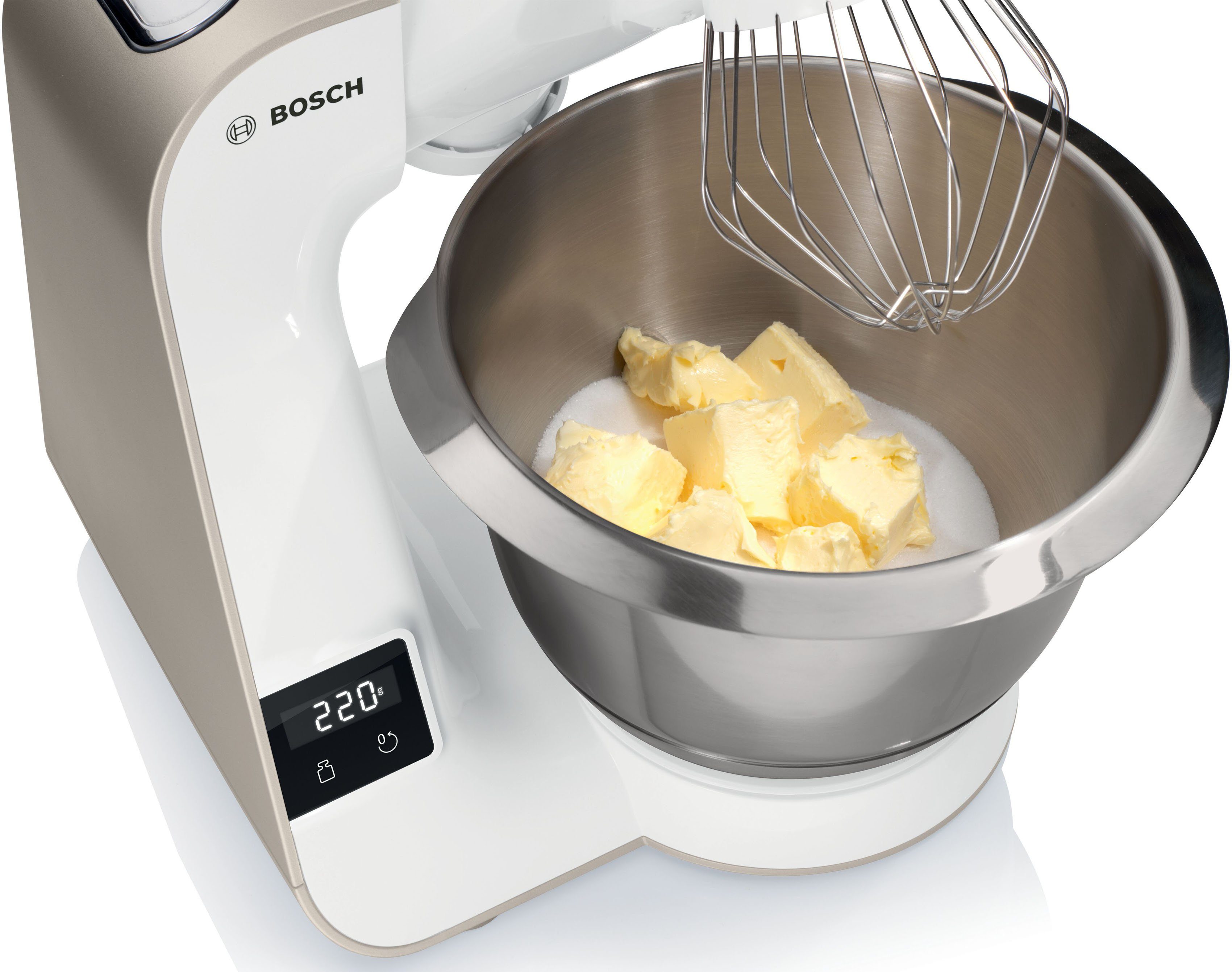 BOSCH Küchenmaschine Serie 4 MUM5XW40, integr. Waage, Durchlaufschnitzler, weiß/champagner, 1000 W, 3,9 l Schüssel, 4 Scheiben, Mixer, Fleischwolf, Zitruspresse, Profi Patisserie-Set