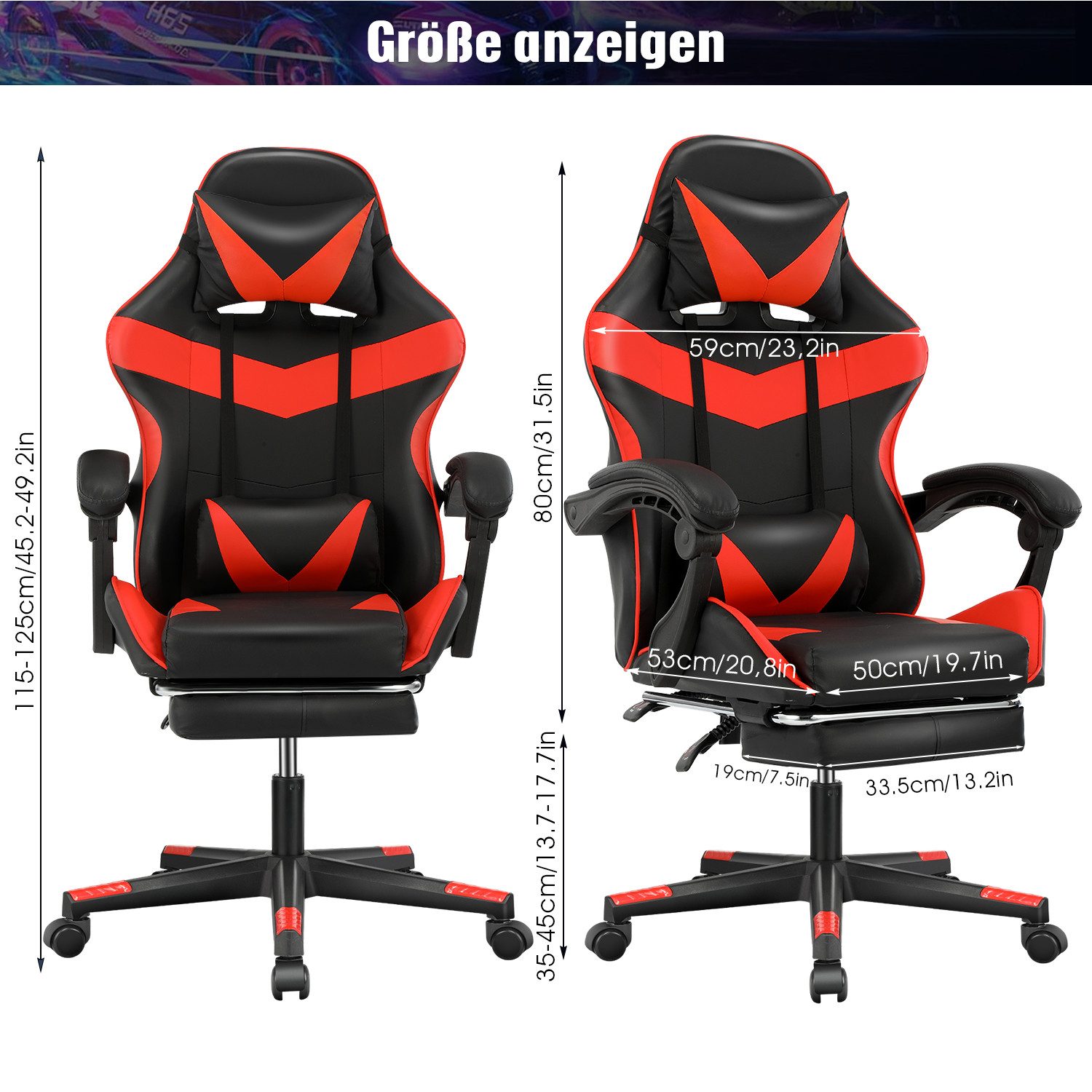 oyajia Gaming-Stuhl Ergonomischer Gaming Sessel mit Fußstütze und Kopfstütze Atmungsaktiv, mit abnehmbarem Kopfkissen, maximale Belastbarkeit 150 kg – Bild 3 von 5