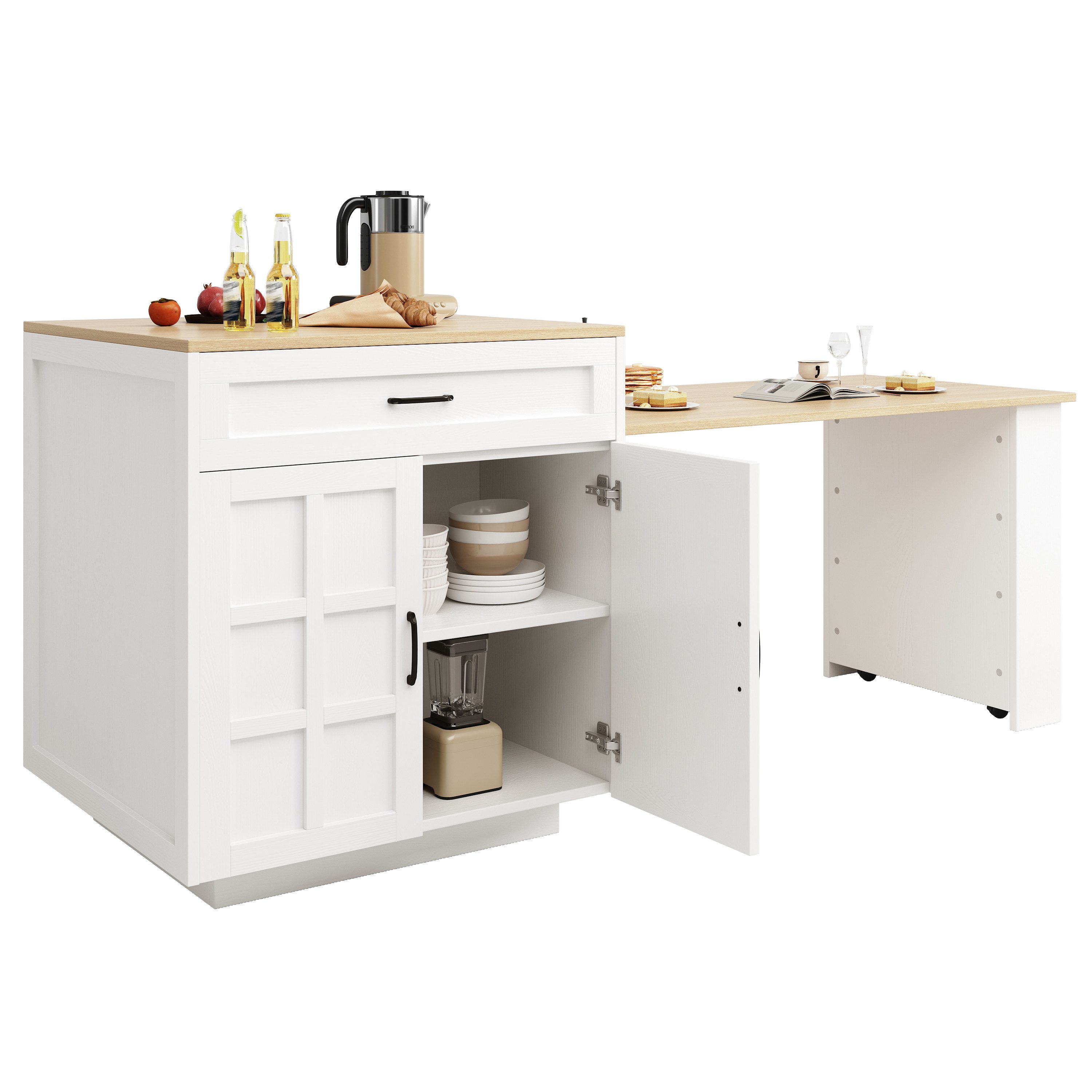 kowdom Kücheninsel Ausziehbarer Bartisch 133-202 cm, mit Schubladen & Fächern, (Bartisch), Bartisch, ausziehbar, 133-202 cm, mit Stauraum, 2-6 Personen