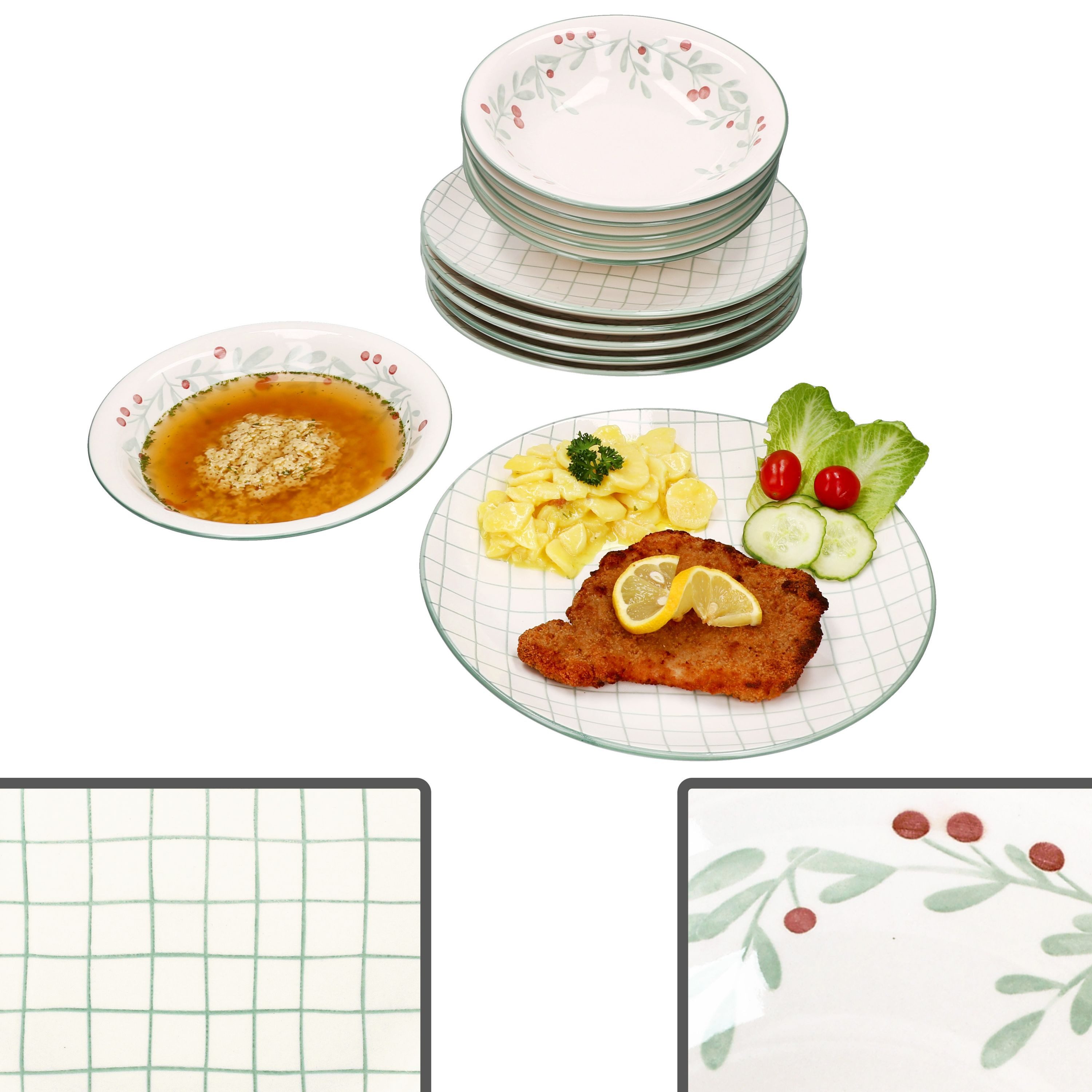 MamboCat Tafelservice 12tlg Tafelservice Holly 6 Pers. Essteller Suppenteller Mistelzweig, Steingut, Weihnachtsgeschirr, Weihnachten, Weihnachtsset, Geschirr