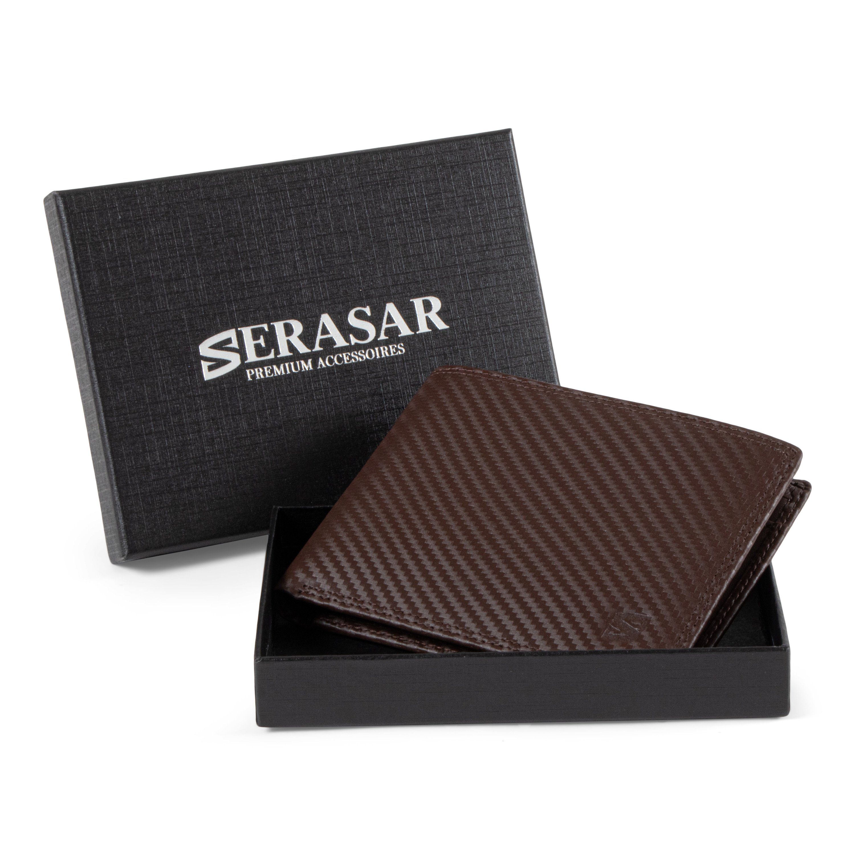 Braun gegen mit echtem aus Carbon Geldbörse inkl. Geldbörse Leder (1-tlg), in SERASAR RFID-Schutz Optik "Carbon" Geschenkbox Datenklau