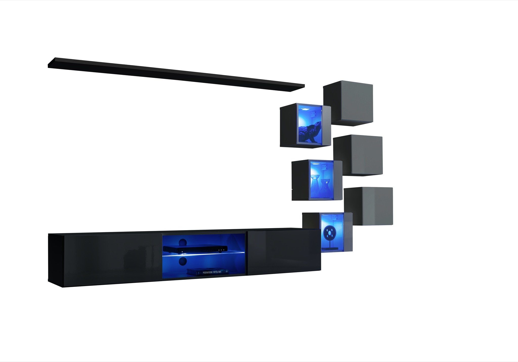 Wandschrank Wohnwand + Ständer 6x LED Komplett, (8-St., beleuchtet Garnitur JVmoebel Regale Modern TV-Ständer TV Designer + Wohnwand Wandregal), Luxus
