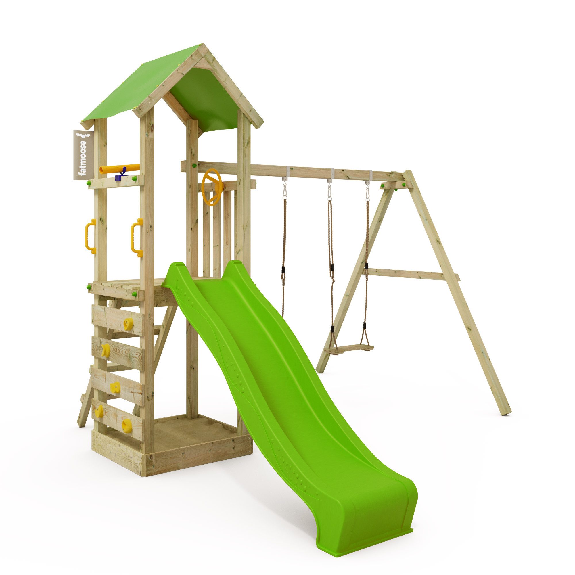 FATMOOSE Spielturm KiwiKey - Abenteuerlicher Kletterturm mit Doppelschaukel, 10-jährige Garantie*, Integrierter Sandkasten