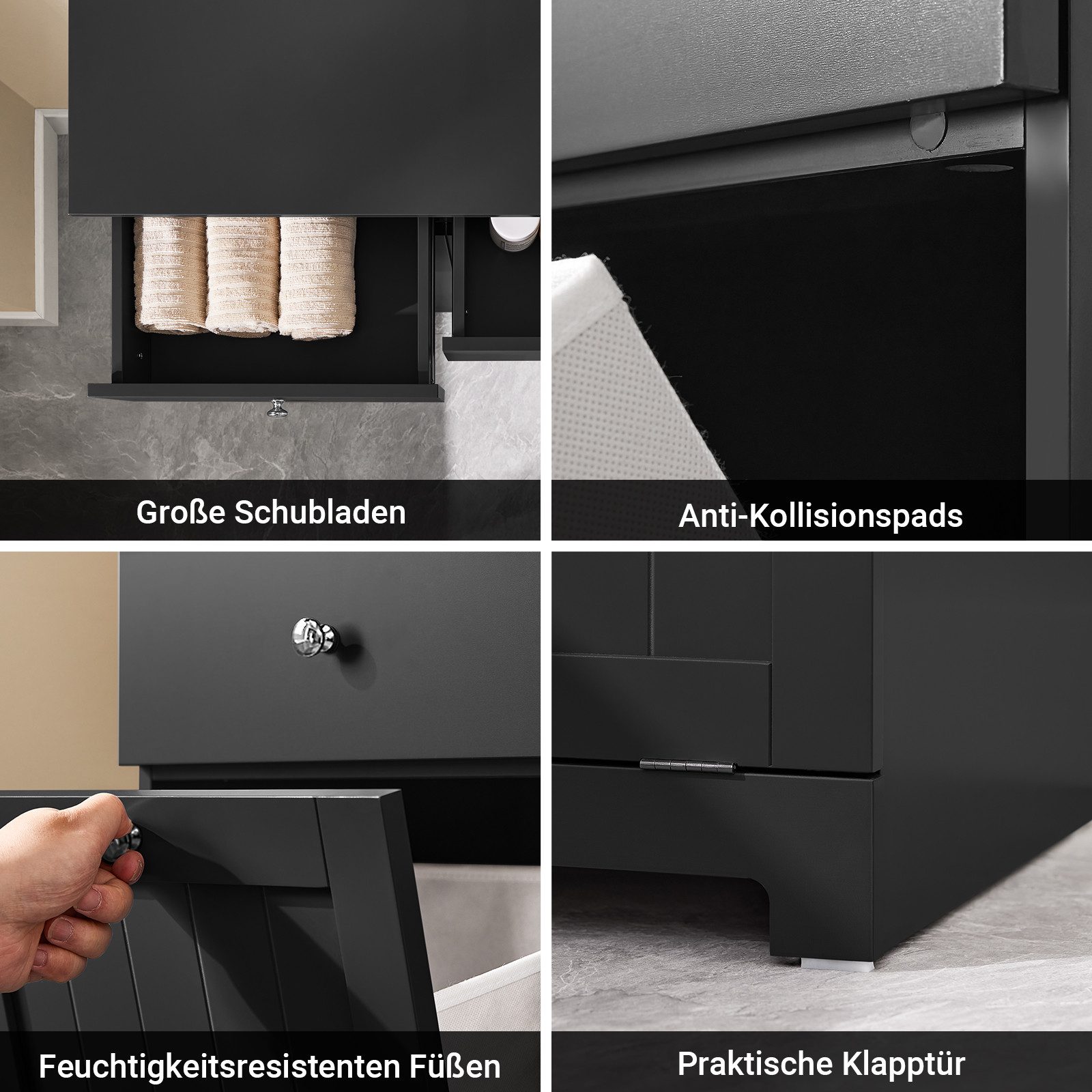 SoBuy Wäscheschrank BZR33, Badezimmerschrank mit Wäschekorb, Wäschesammler, Wäscheschrank mit 2 Schubladen & 2 Wäschekippern, 90L großer Kapazität, Badezimmer – Bild 5 von 5