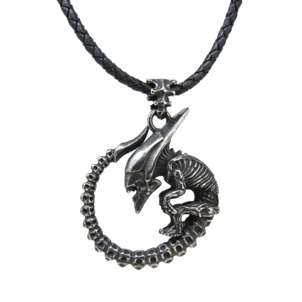 Kette mit Anhänger Lederkette Edelstahlkette 316L ALIEN AMULETT