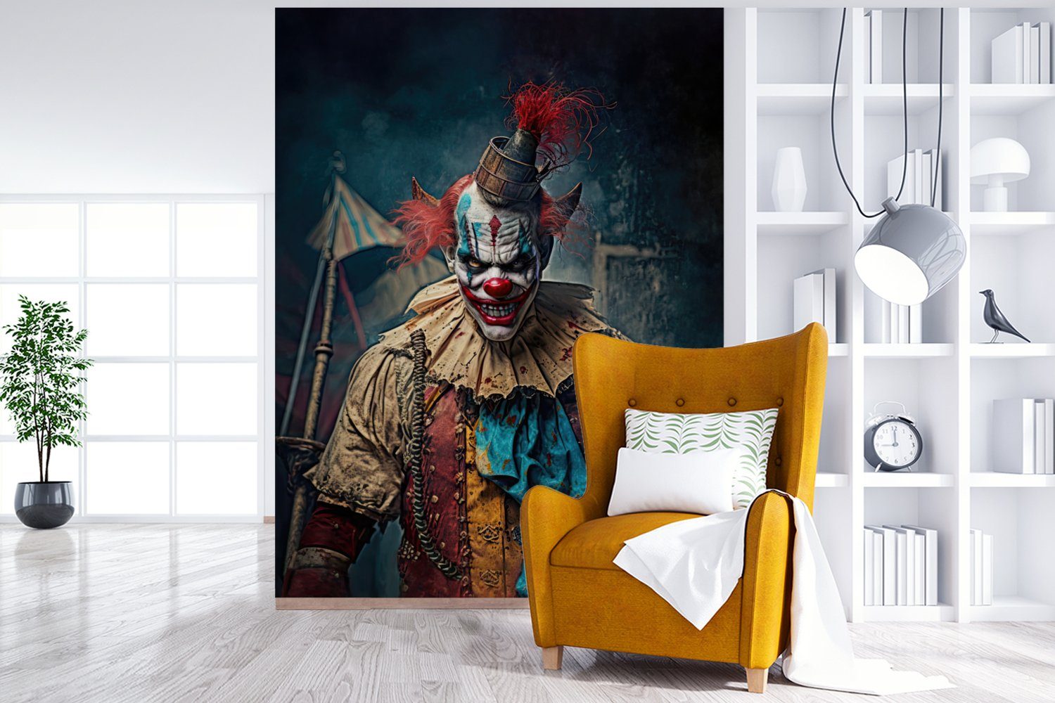 Wandtapete St), Fototapete Montagefertig Wohnzimmer, Clown Horror Kleidung für (4 bedruckt, Matt, Porträt, Tapete - - - Vinyl MuchoWow