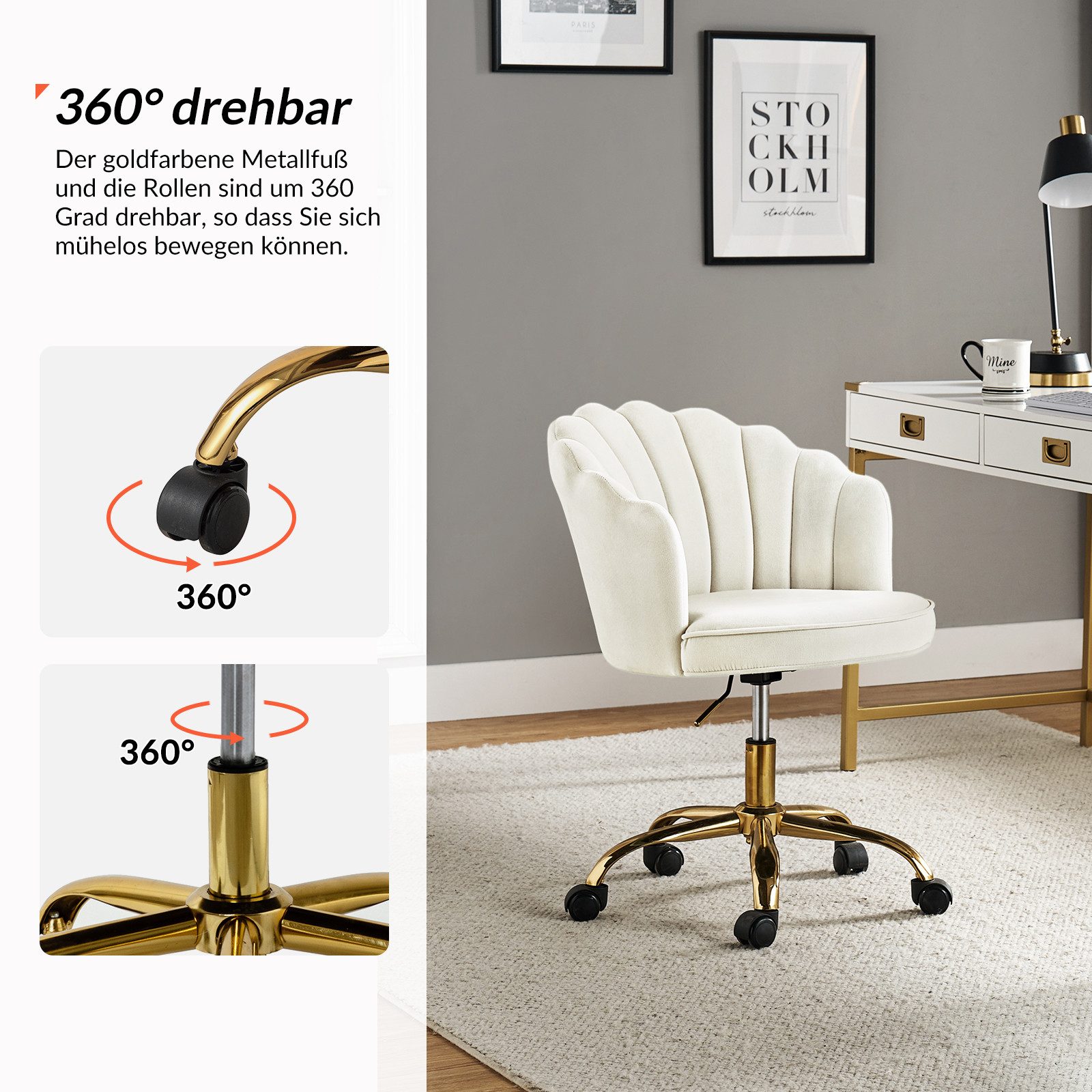 HULALA HOME Bürostuhl mit goldenem Gestell, gepolsterter Schreibtischstuhl aus Samt, verstellbarer Drehstuhl