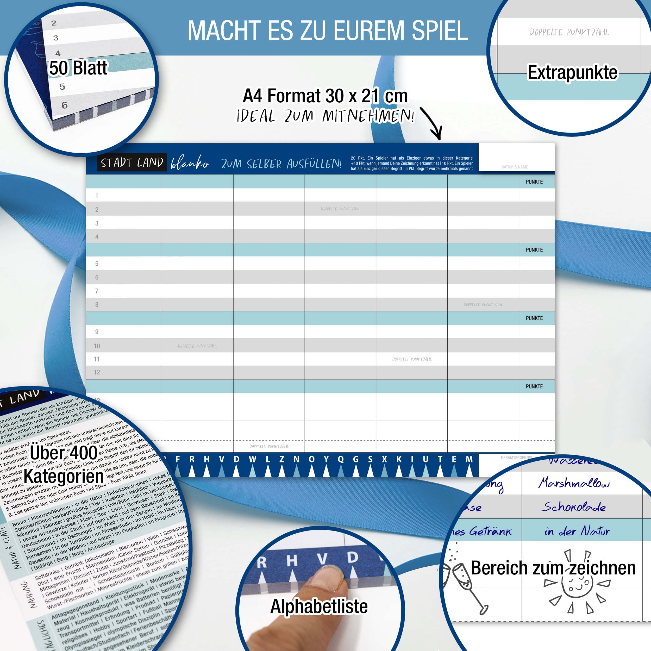 TOBJA Spiel Stadt, Land, Blanko Spiel A4 50Blatt, Logikspiel, Block