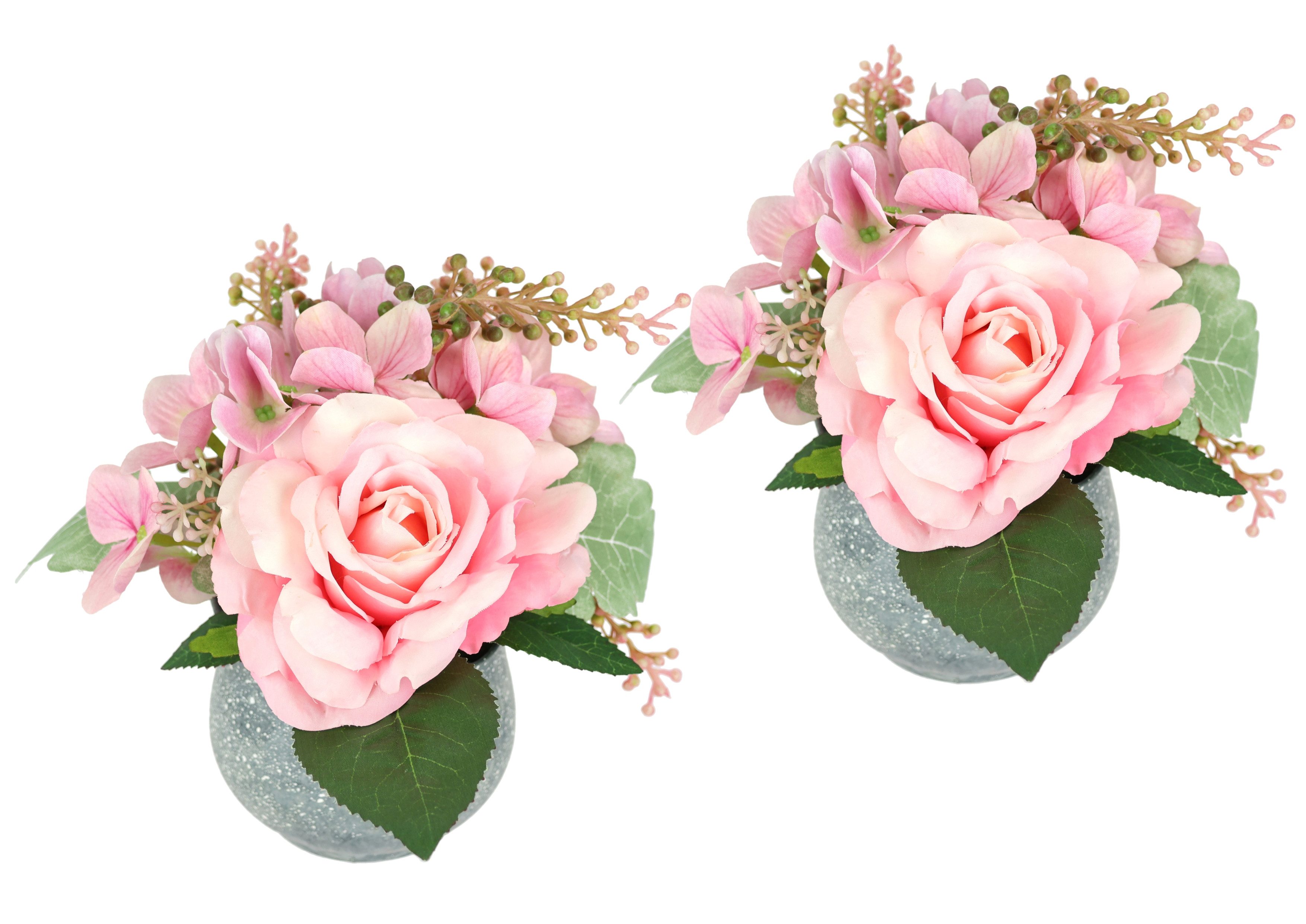 Kunstblume Arrangement Rose und Hortensie im Topf 2er Set Rose, I.GE.A., Höhe 20 cm, Blumengesteck künstlich Dekoblume Hochzeitsdeko Kunstpflanze Blume