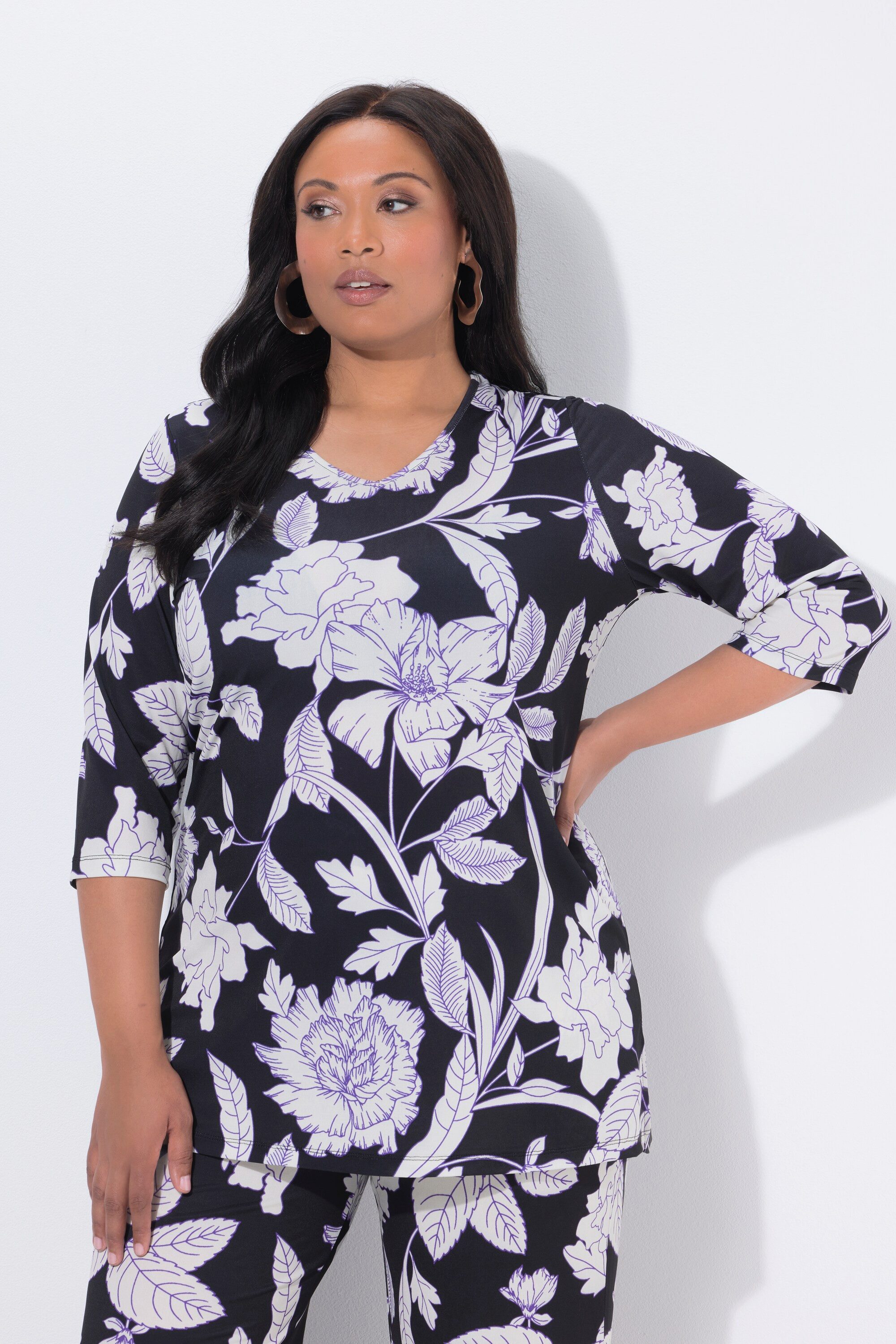 Longshirt Longshirt Blüten A-Linie V-Ausschnitt 3/4-Arm