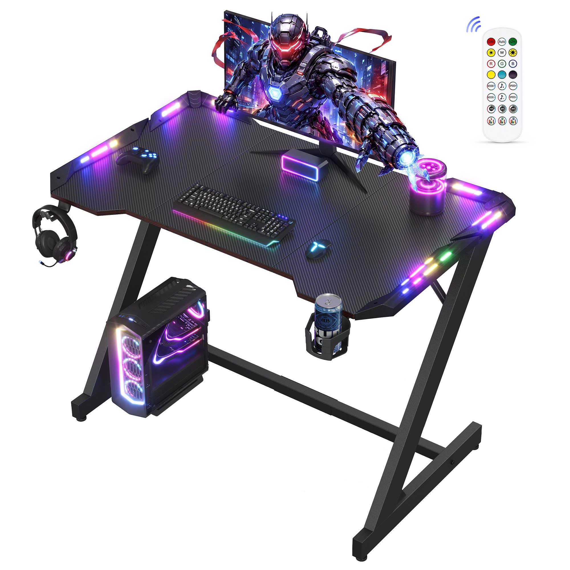 VASAGLE Schreibtisch Gaming Tisch Computertisch mit RGB Beleuchtung, 100 x 60 x 76 cm für Gaming Room mit Getränkehalter