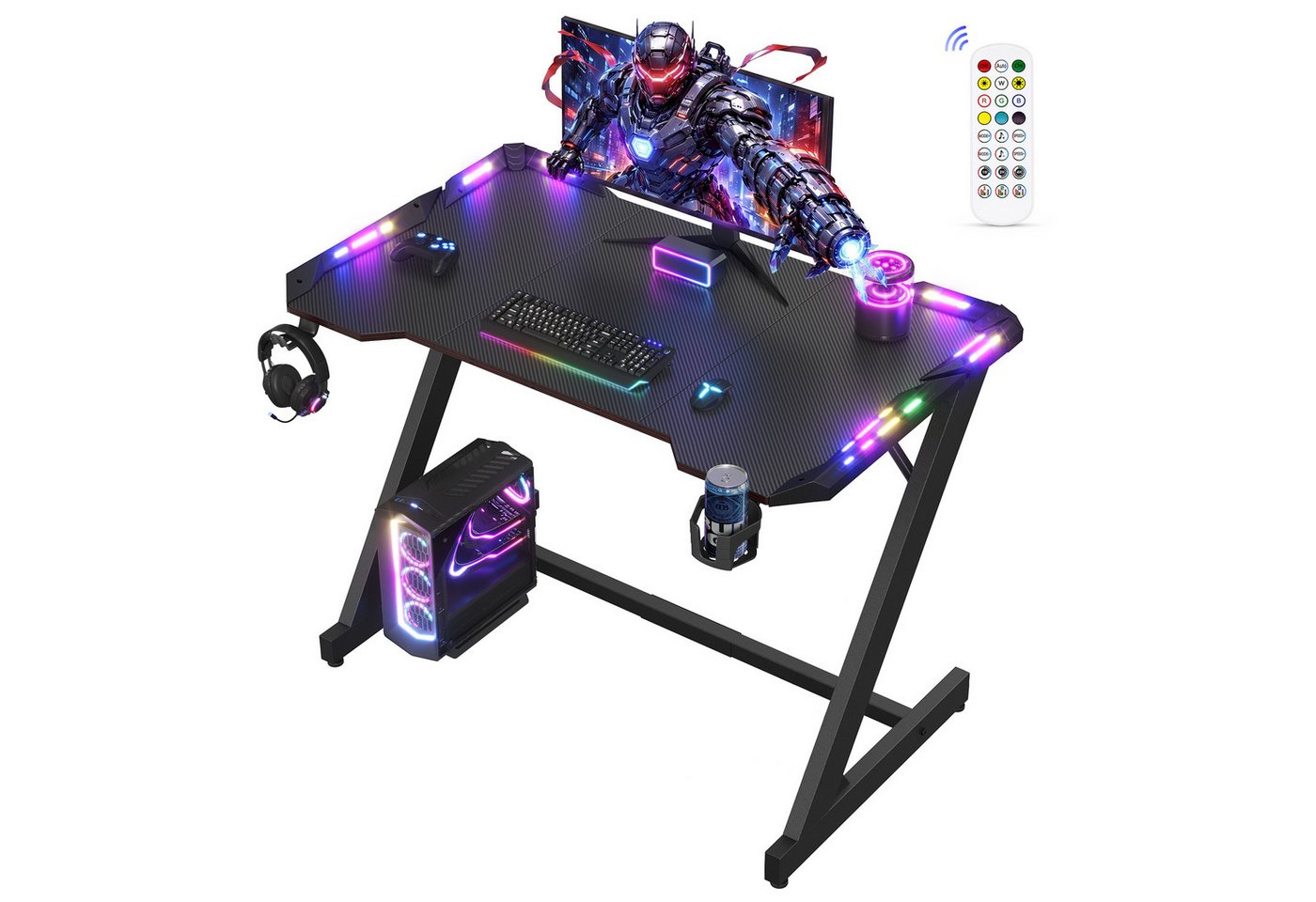 VASAGLE Schreibtisch Gaming Tisch Computertisch mit RGB Beleuchtung, 100 x 60 x 76 cm für Gaming Room mit Getränkehalter