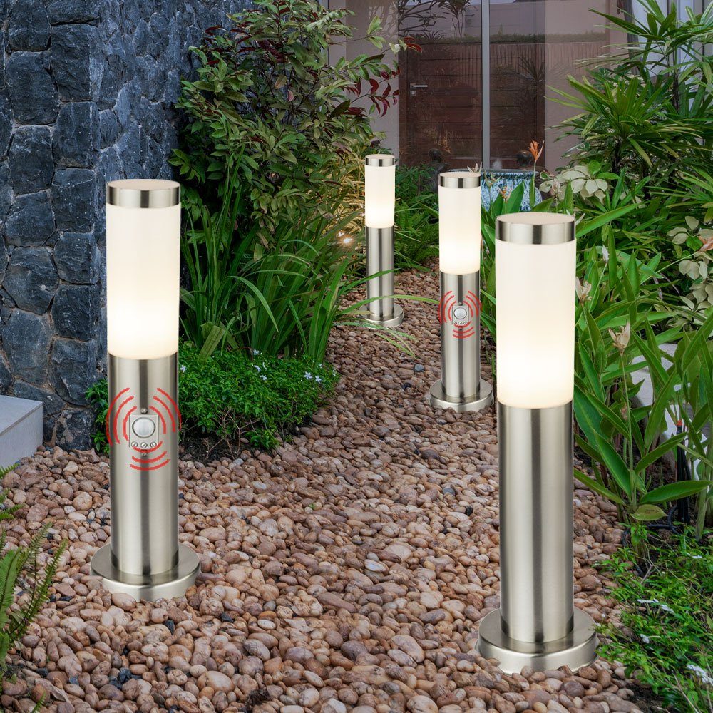 Edelstahl Außen etc-shop inklusive, Säulen 4er Stehleuchten Bewegungsmelder Außen-Stehlampe, mit Warmweiß, LED Leuchtmittel Set
