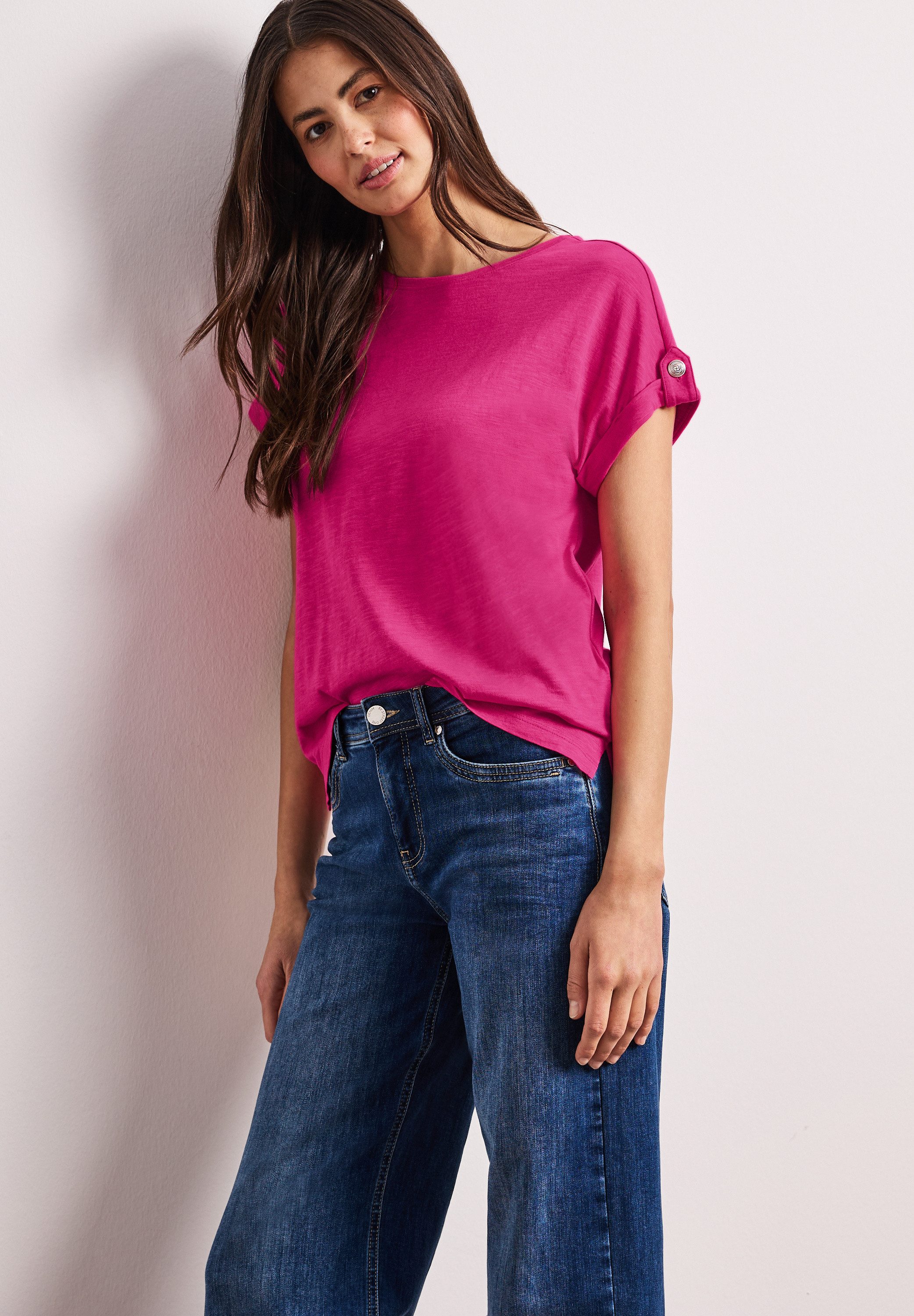 STREET ONE Shirttop Sommershirt mit Rundhals und Knopfdetails