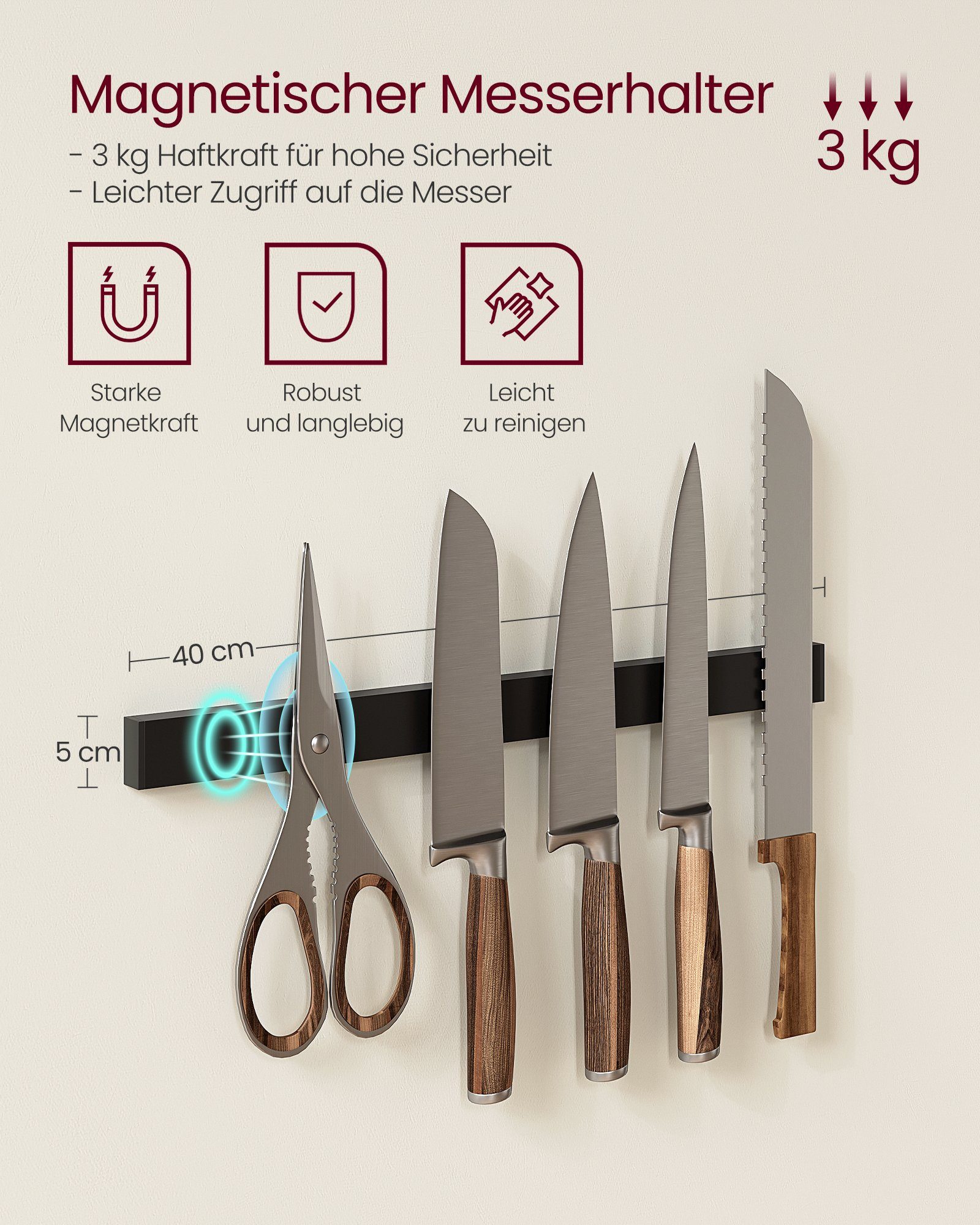 Standregal, mit Messer, Drahtkorb, Magnetleiste Rollenhalter Küchenregal, VASAGLE für Vintagebraun-Schwarz
