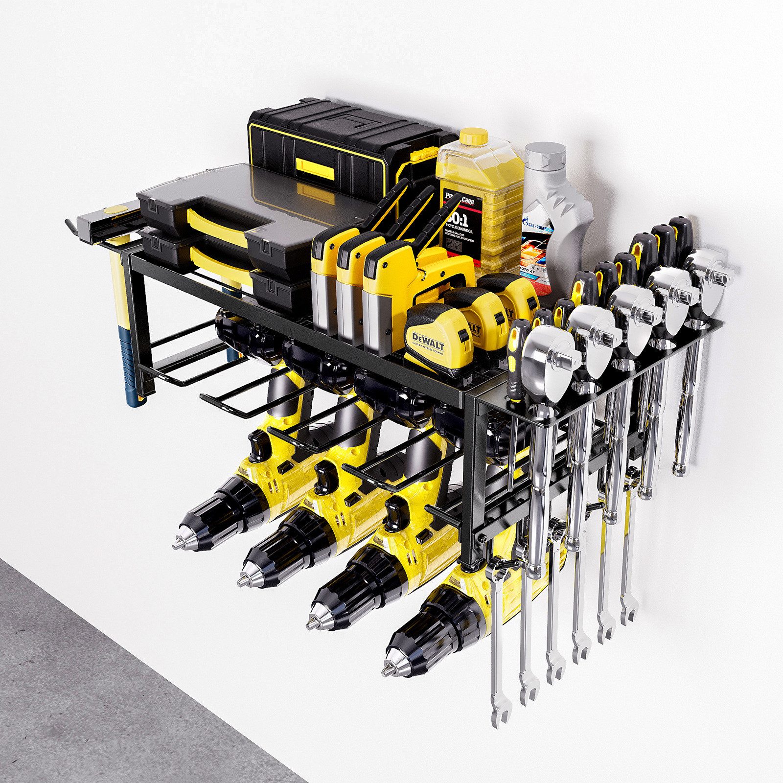 GarveeMore Werkzeughalter Power Tool Organizer Wandhalterung Garage Werkzeug Aufbewahrungsregal, 2/4 Lagen Metall Werkzeug Organizer für Garage Werkstatt – Bild 4 von 5