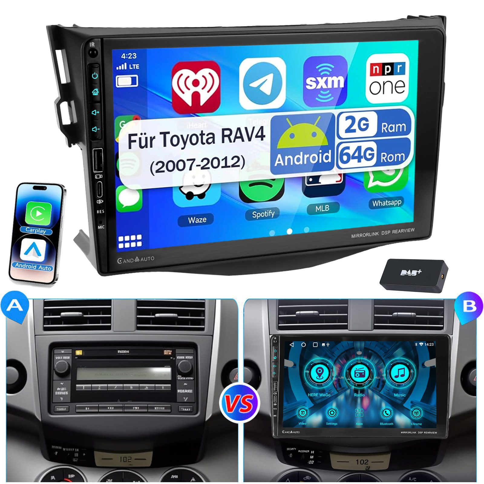 9" Android 15 Autoradio Für Toyota RAV4 2007-2012 Carplay USB Type-C Autoradio