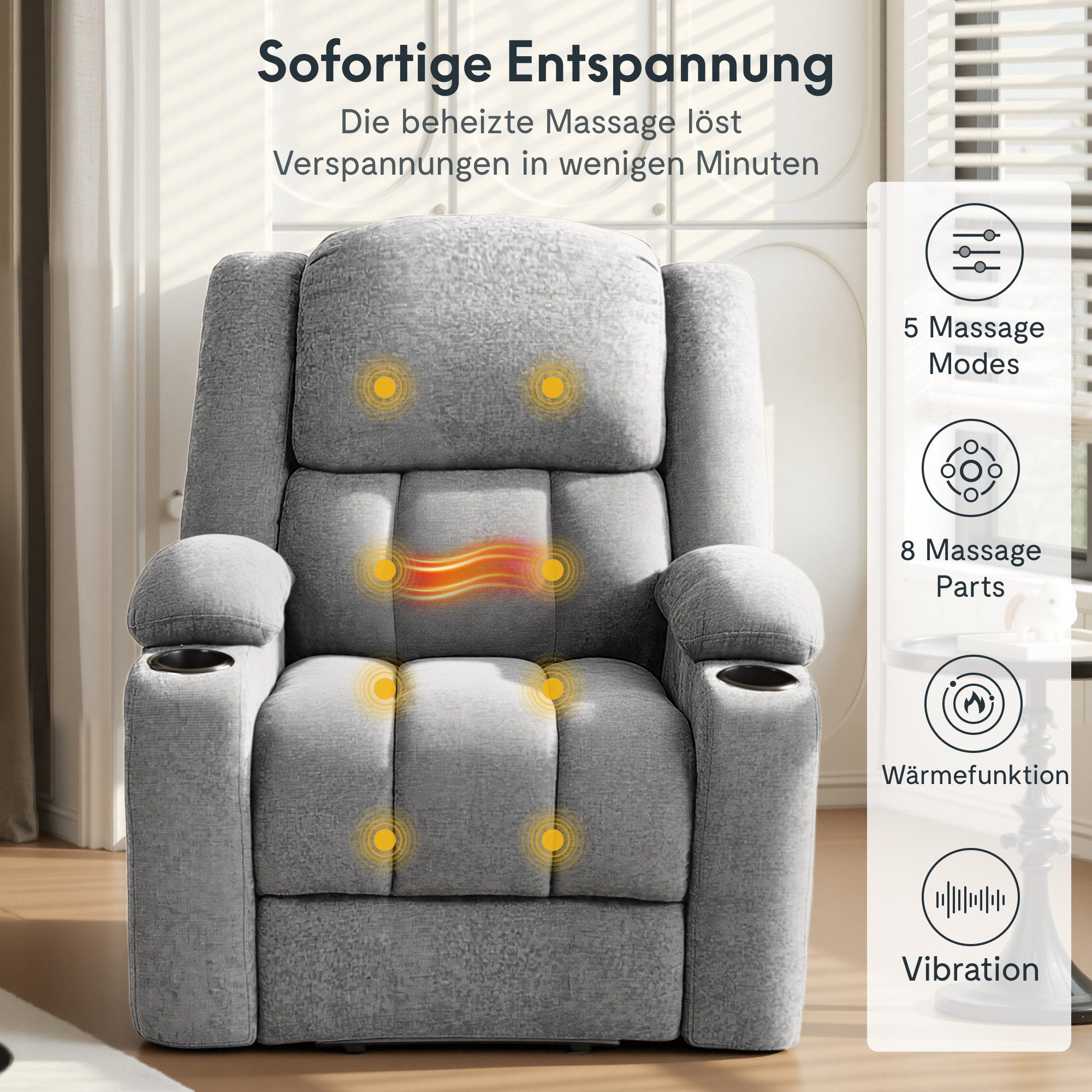 FLEXISPOT Relaxsessel Elektrischer Relaxsessel mit Aufstehhilfe, Massage- und Liegefunktion (mit Heizfunktion, 8-Punkt-Massage, USB-/Type-C-Anschluss, 2 Seitentaschen, 2 integrierte Getränkehalter, 105°-165° verstellbar), belastbar bis 200 kg, XL6