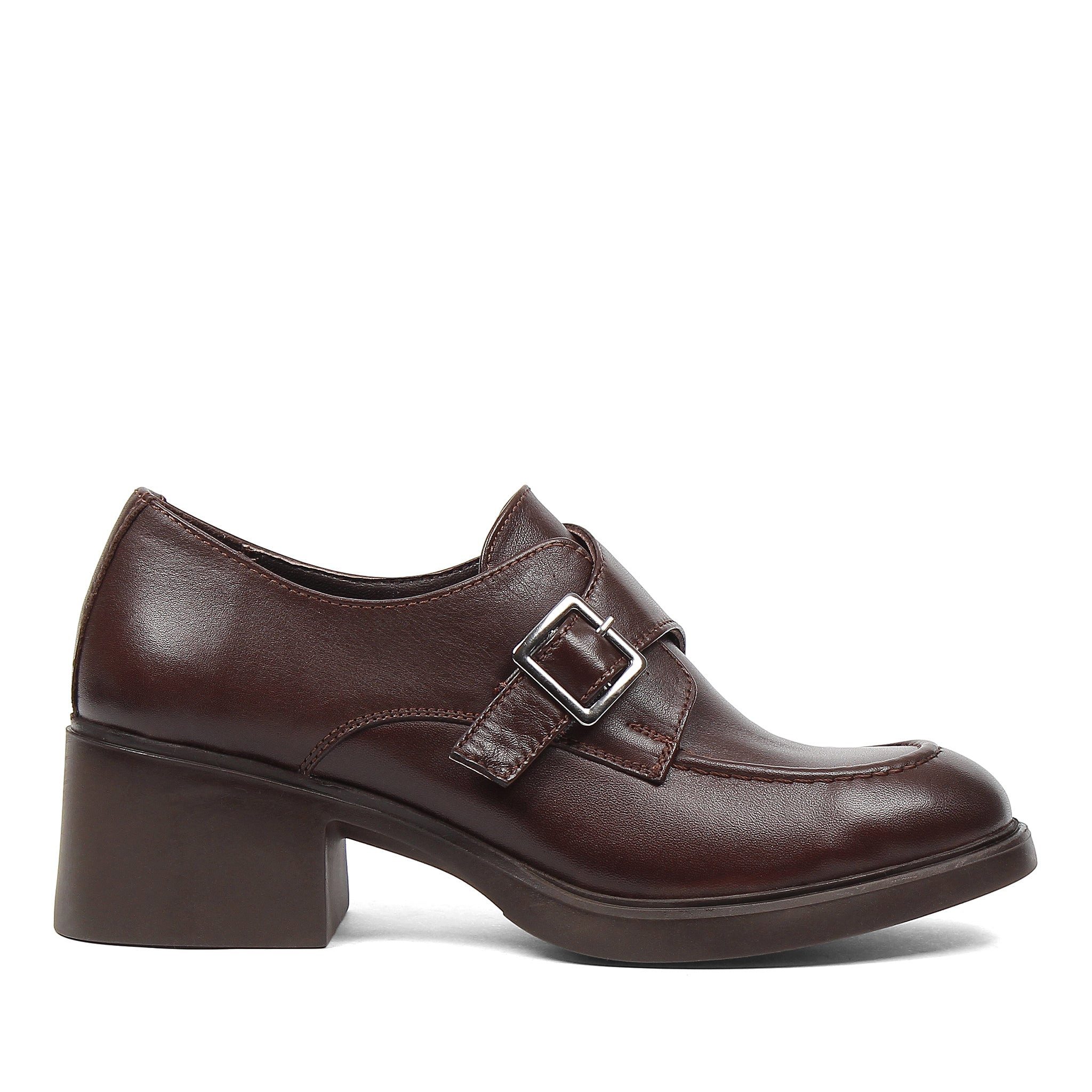 Celal Gültekin Schnallenriemen Blockabsatz Rundspitze Damen Hochfrontpumps Leder, 6 cm Blockabsatz, Braun, 40