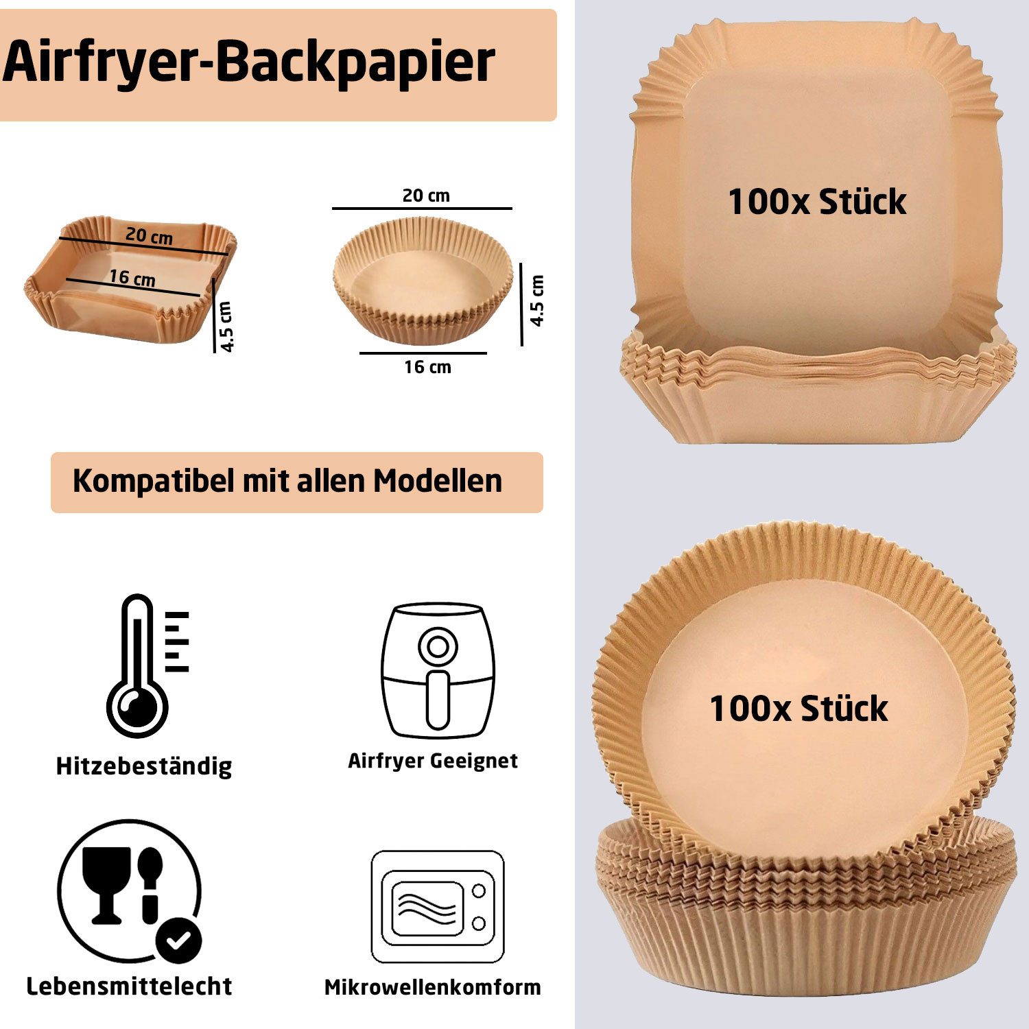 Jungengel Backpapier Airfryer 100x Stück Heißluftfritteuse-Papier Backofenpapier Universal