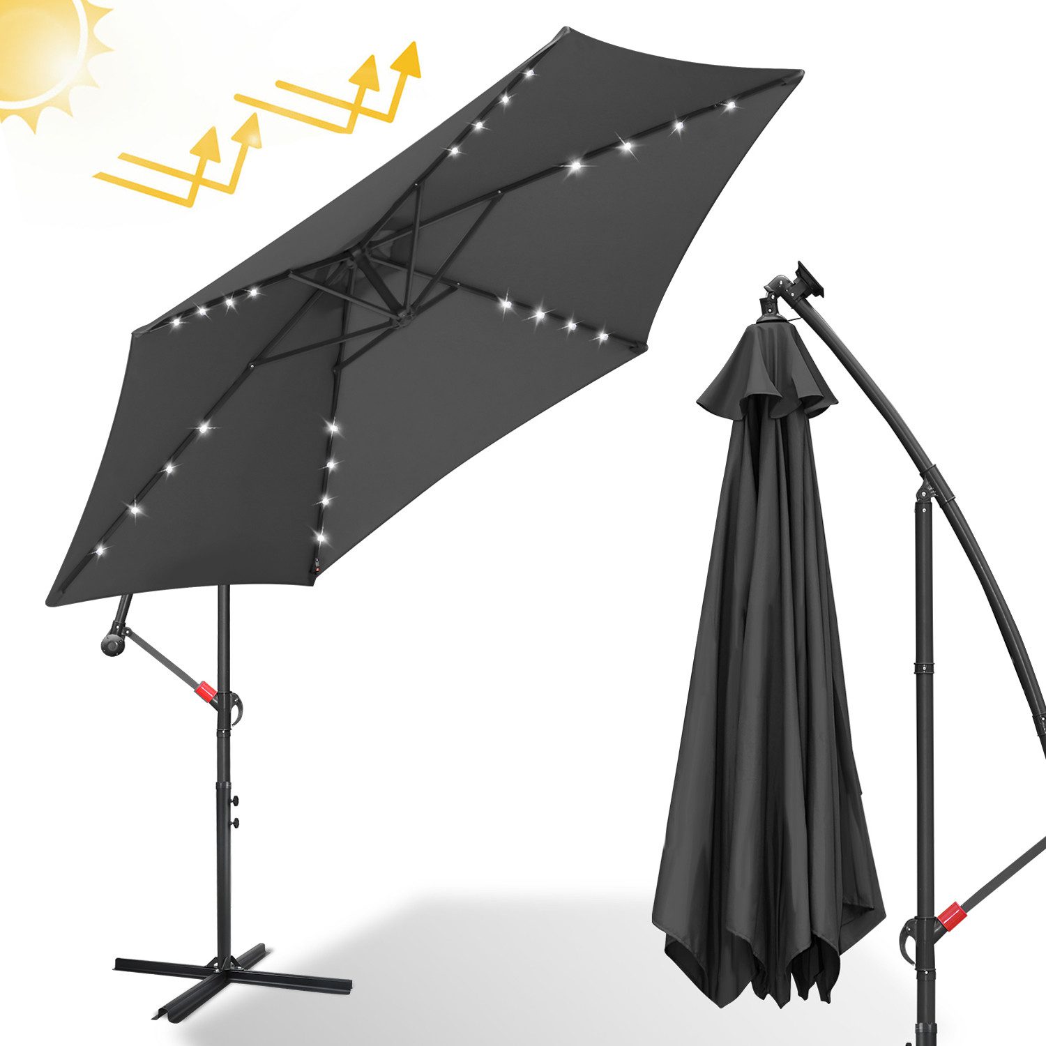 Sonnenschirm Sonnenschirm Ampelschirm,UV-Schutz,Eisen mit Ständer,LED,300 cm,Grau