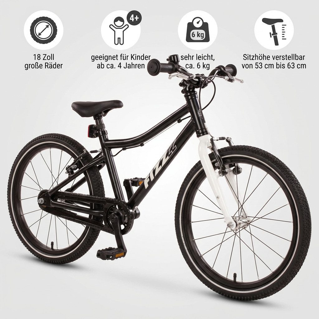 Bachtenkirch Kinderfahrrad FIZZ 18 Zoll Schwarz Matt Superleichtes Kinderrad Fahrrad ab 4 Jahre, Leicht (ca. 6 kg), Vormontiert, Qualitativ Hochwertig